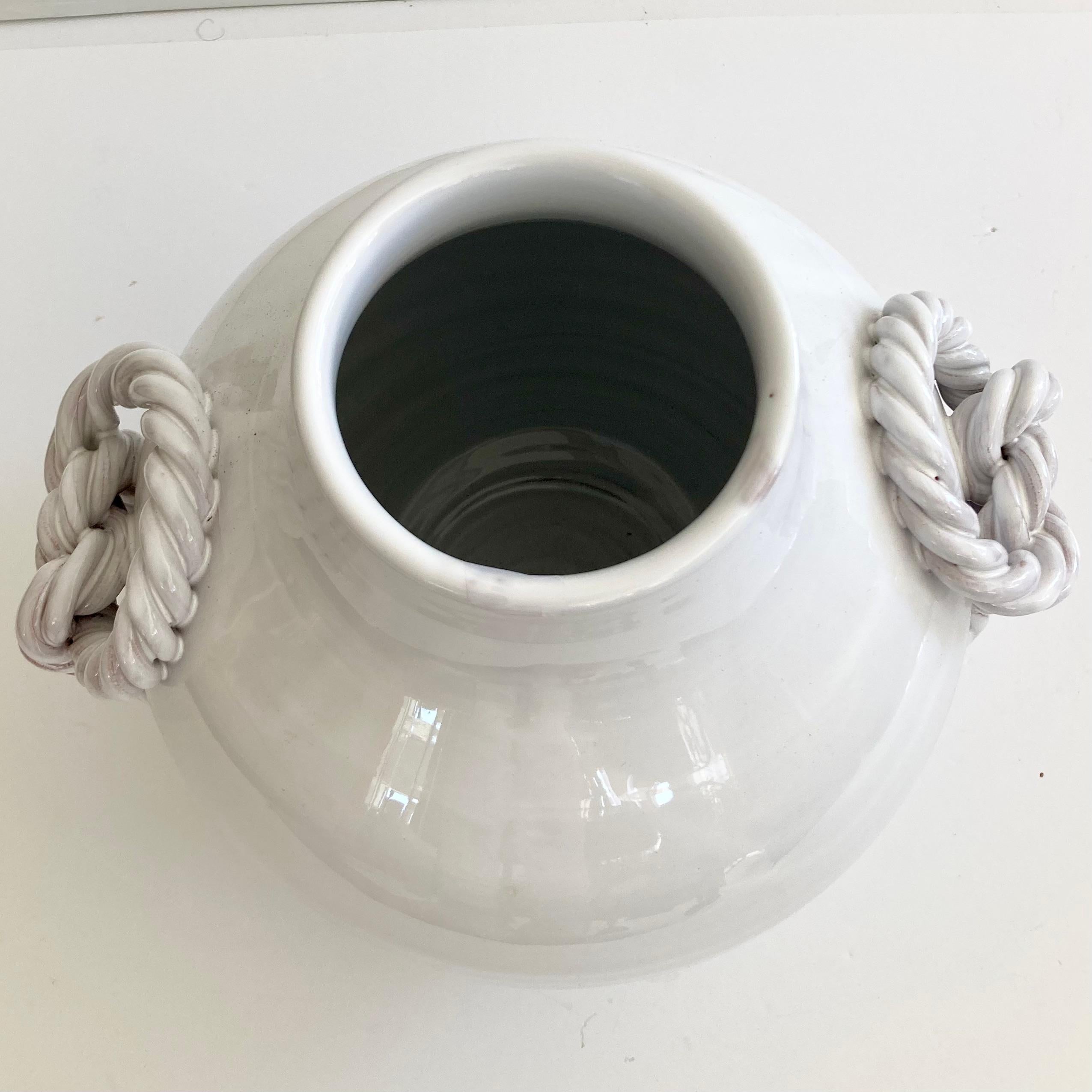 Italian White Glazed Ceramic Vase With Braided Handles For Sale
