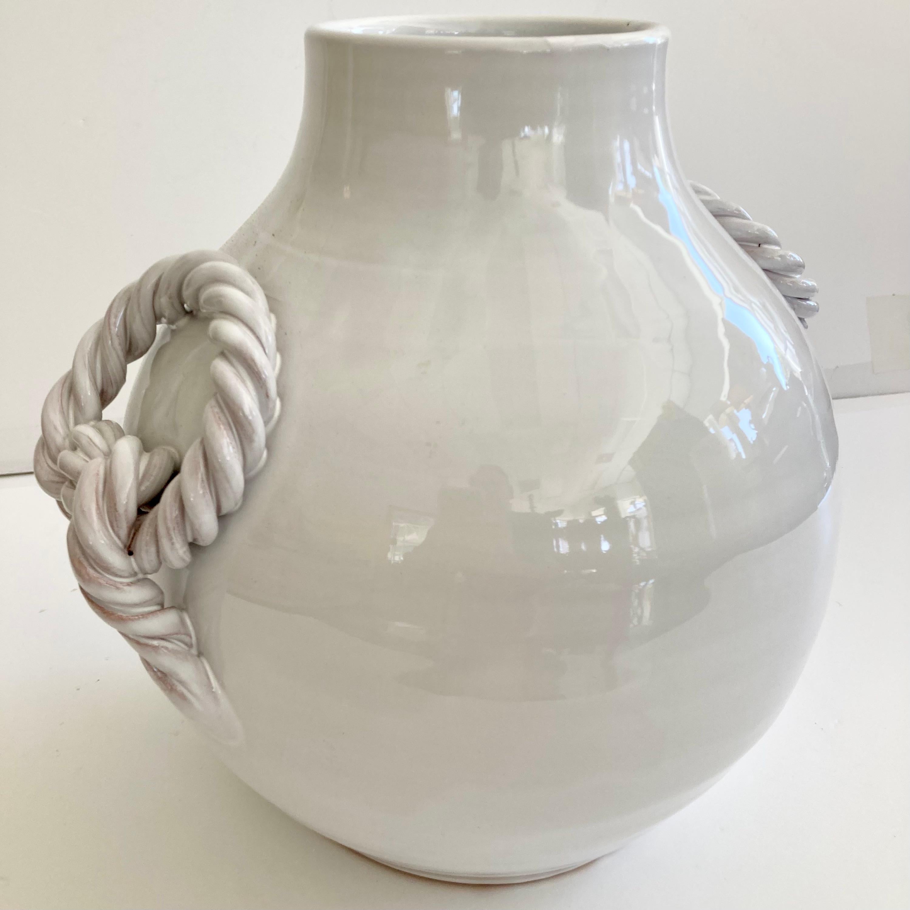 White Glazed Ceramic Vase With Braided Handles In Good Condition For Sale In Los Angeles, CA