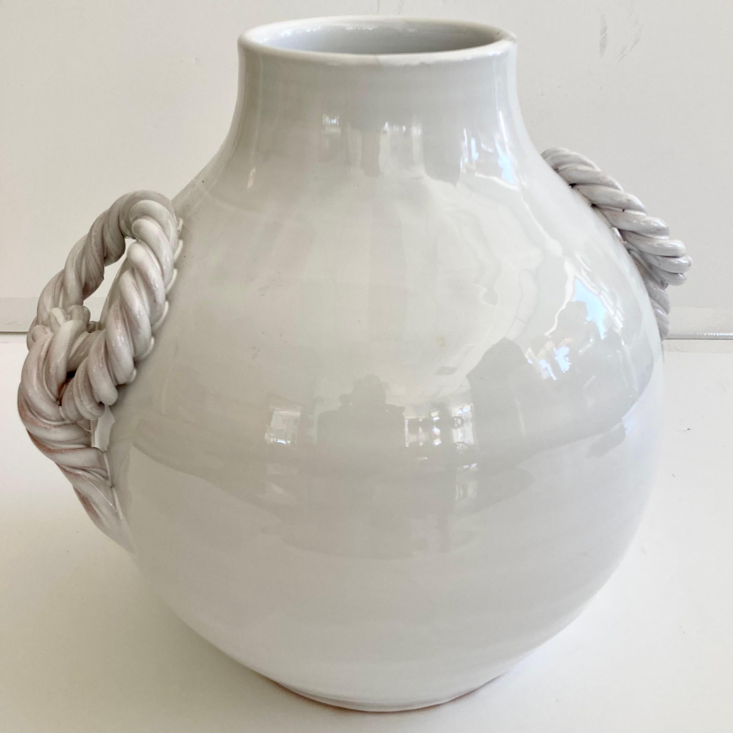 Late 20th Century White Glazed Ceramic Vase With Braided Handles For Sale