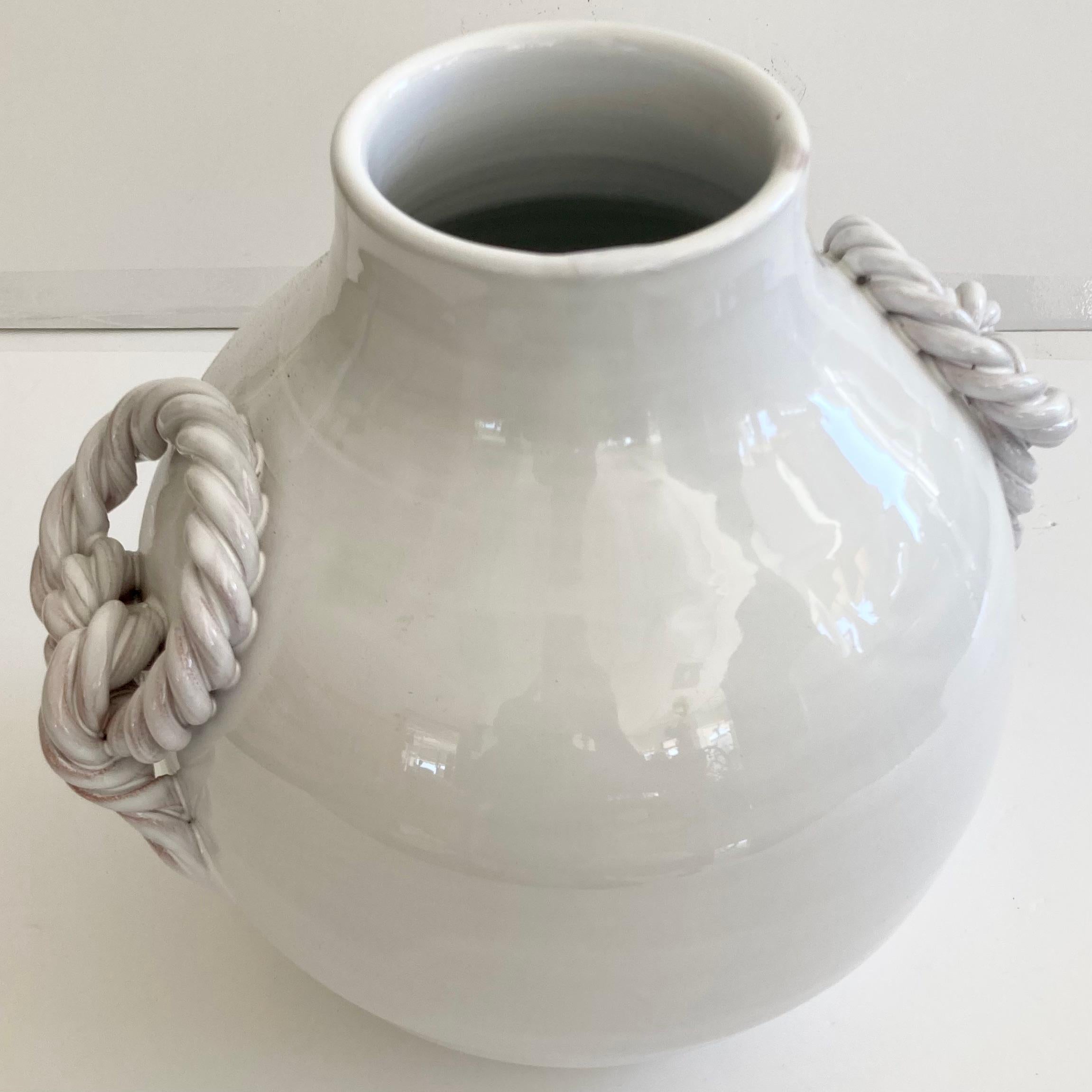 White Glazed Ceramic Vase With Braided Handles For Sale 1