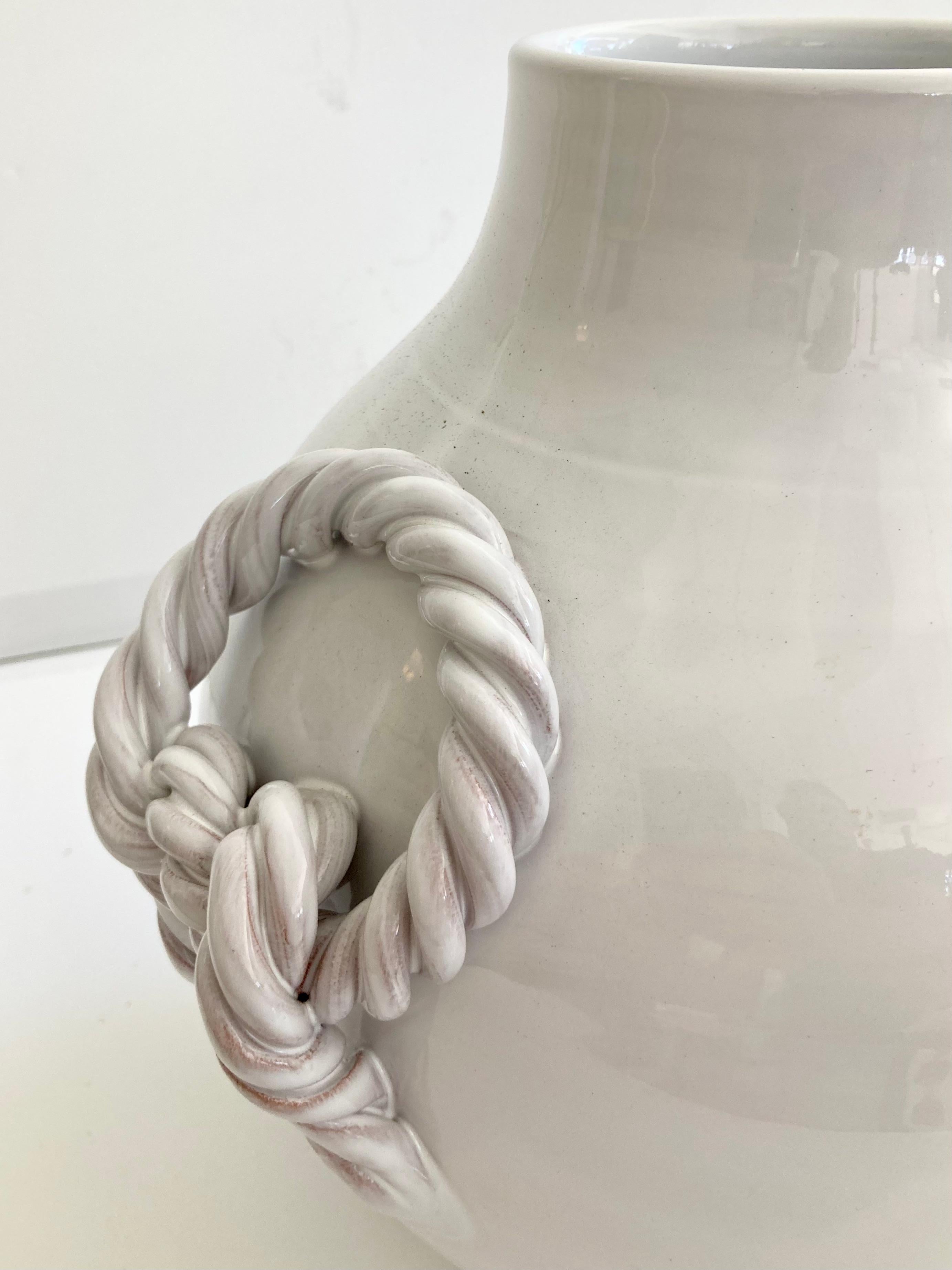 White Glazed Ceramic Vase With Braided Handles For Sale 2