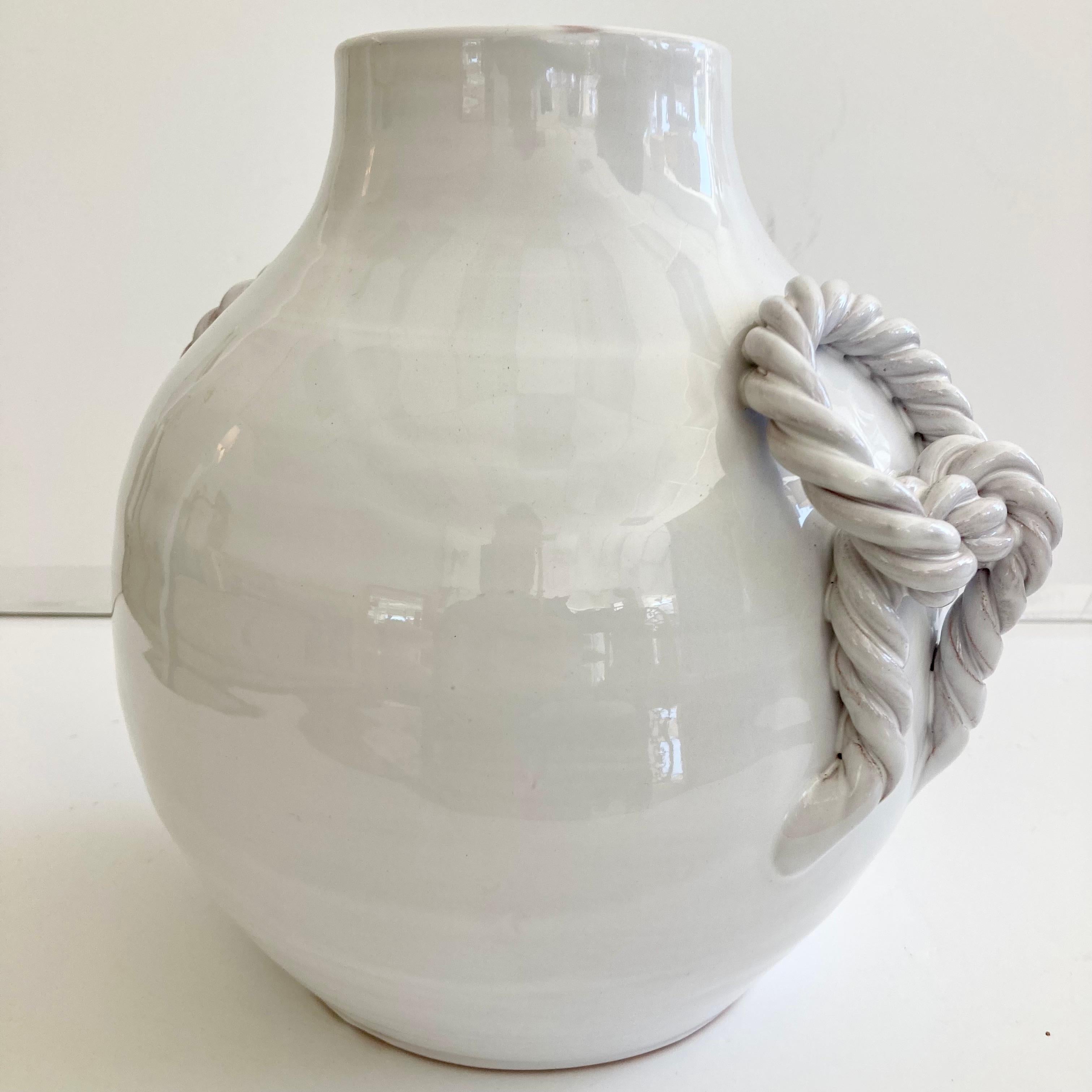 White Glazed Ceramic Vase With Braided Handles For Sale 3