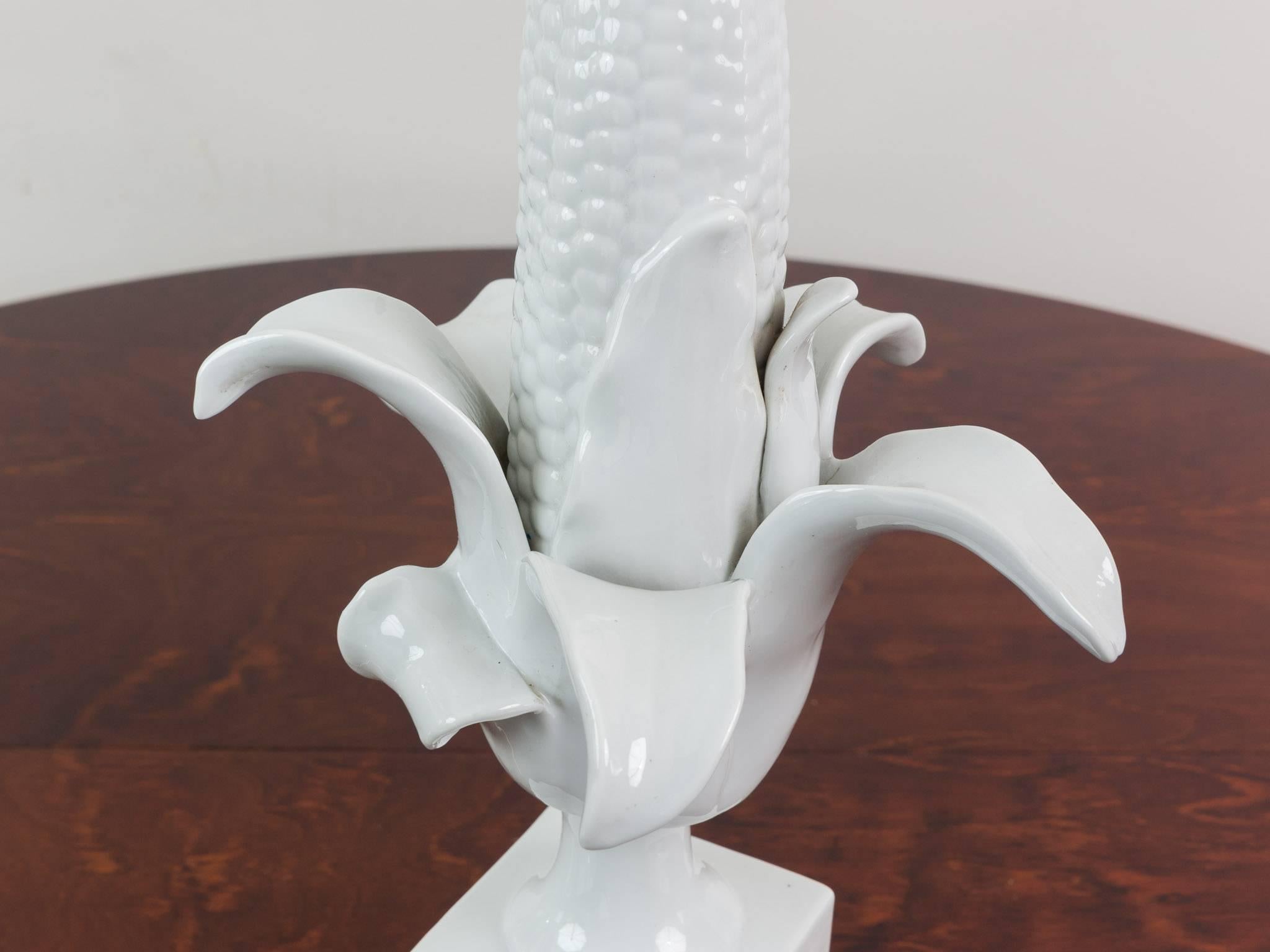 White Glazed French Porcelain Corn Cob Table Lamps 1