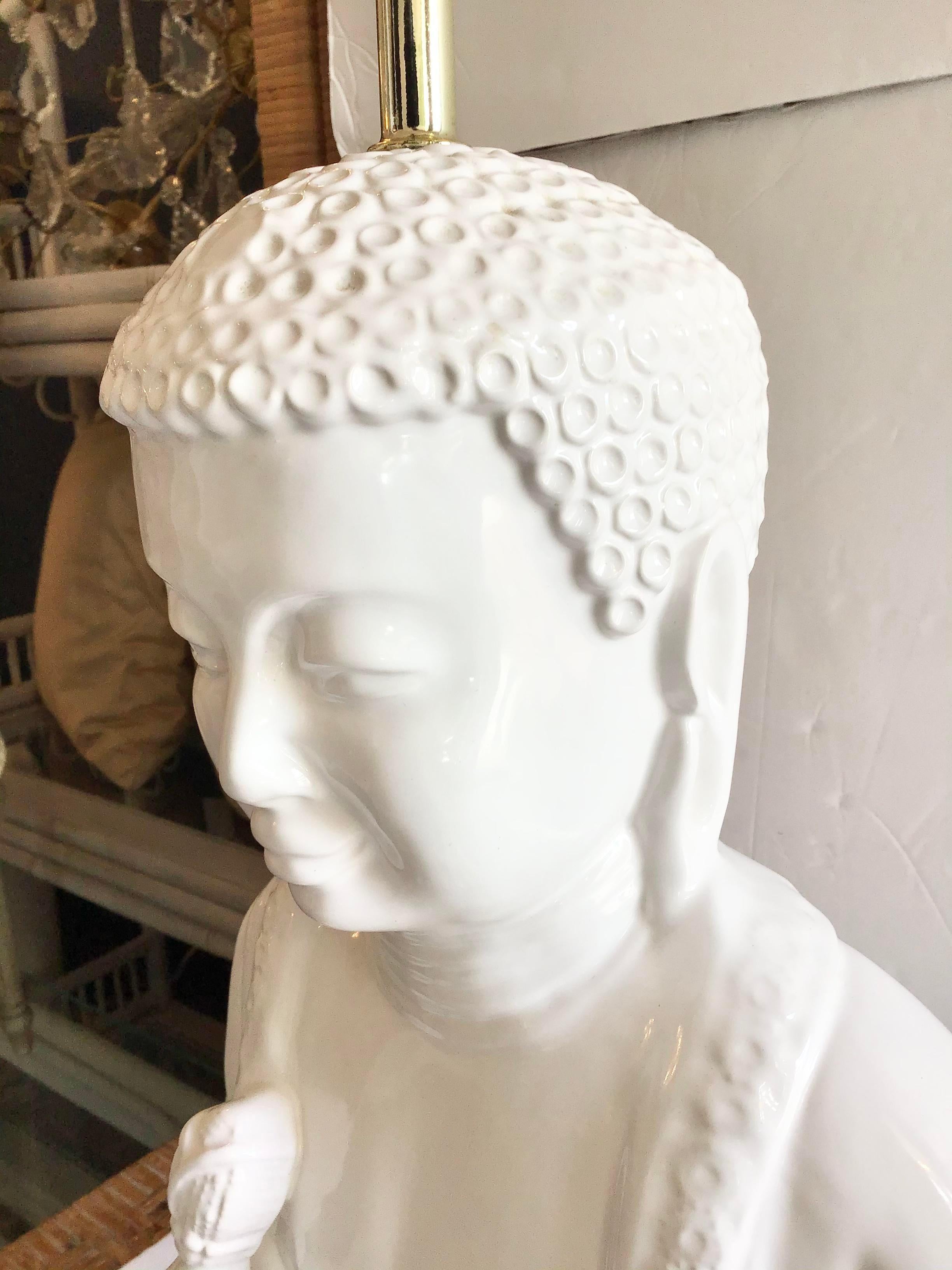 White Glazed Meditating Buddha Ceramic Table Lamp For Sale 5
