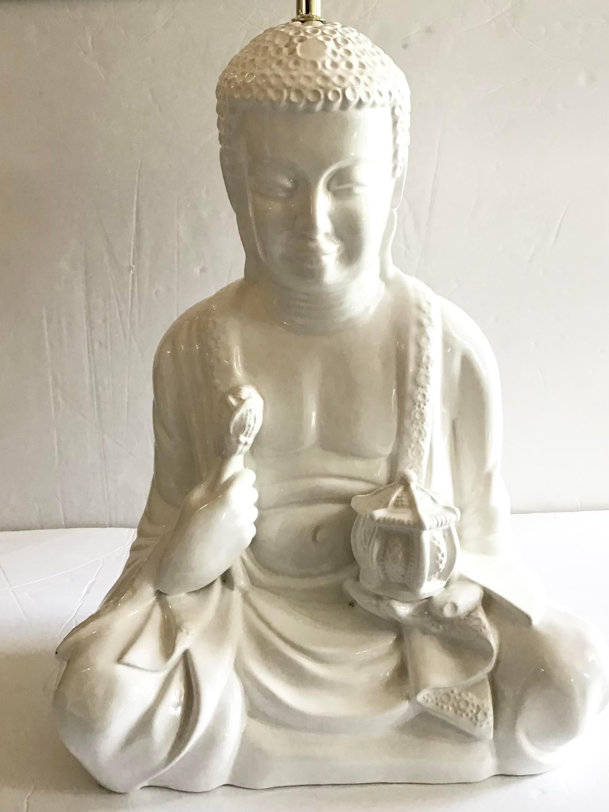 White Glazed Meditating Buddha Ceramic Table Lamp For Sale 6