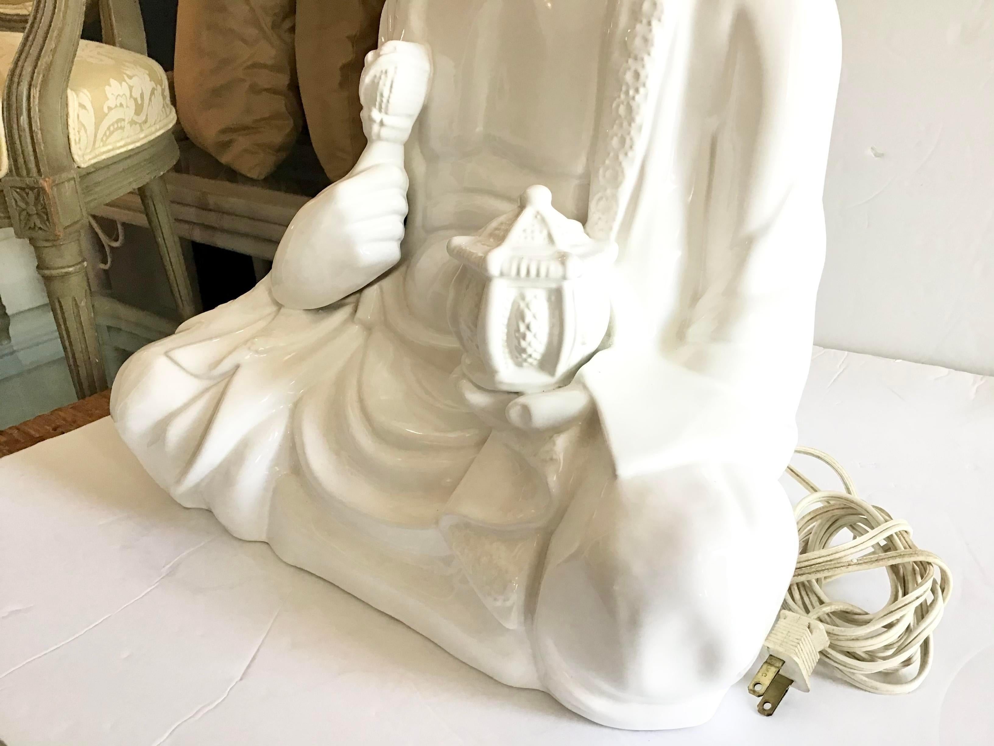 White Glazed Meditating Buddha Ceramic Table Lamp For Sale 7