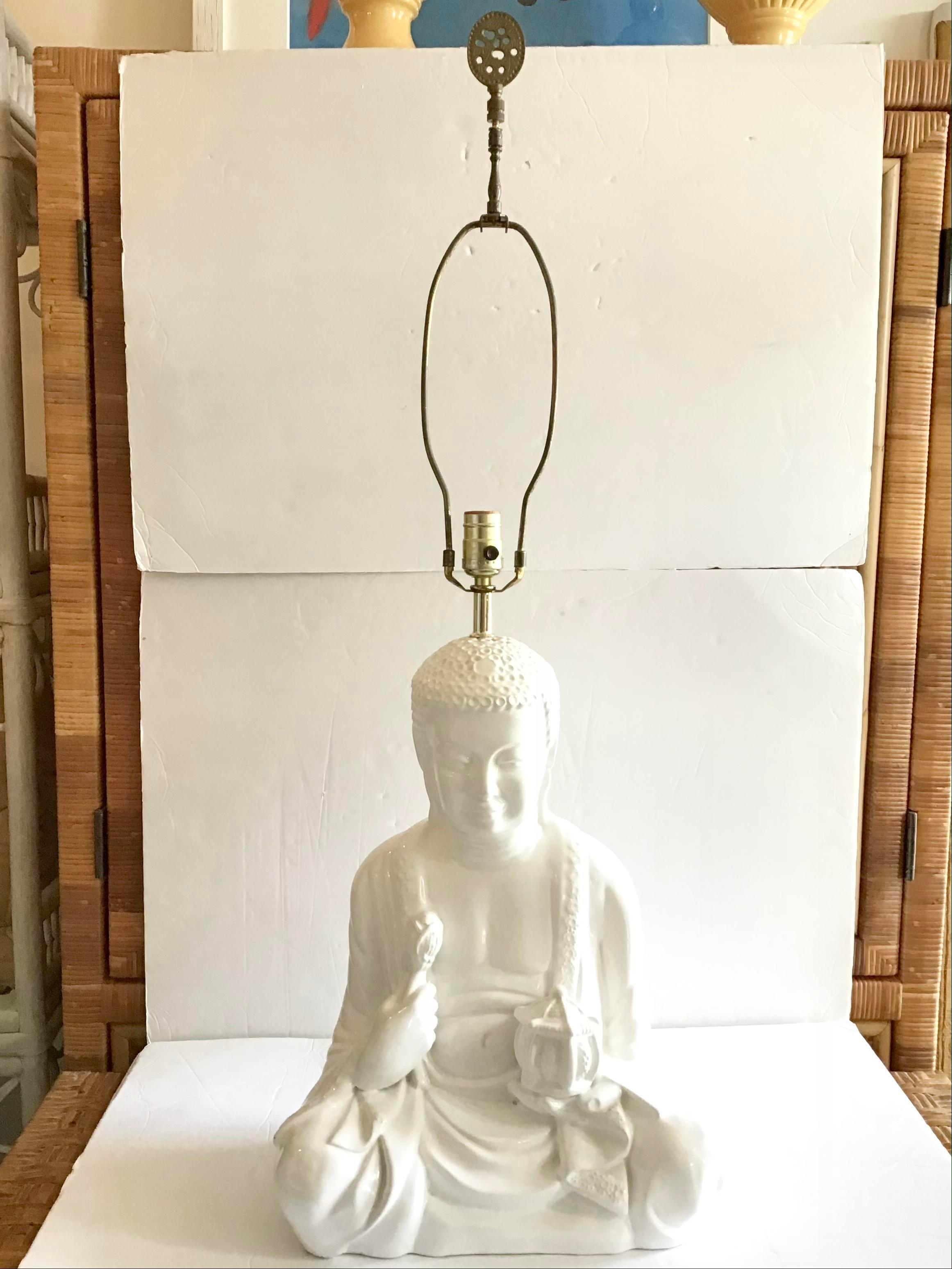Large and beautiful Buddha in meditation pose. Very unique as it is made of ceramic, meticulously molded with figures and includes a detailed finial. Perfect addition to your meditation room.