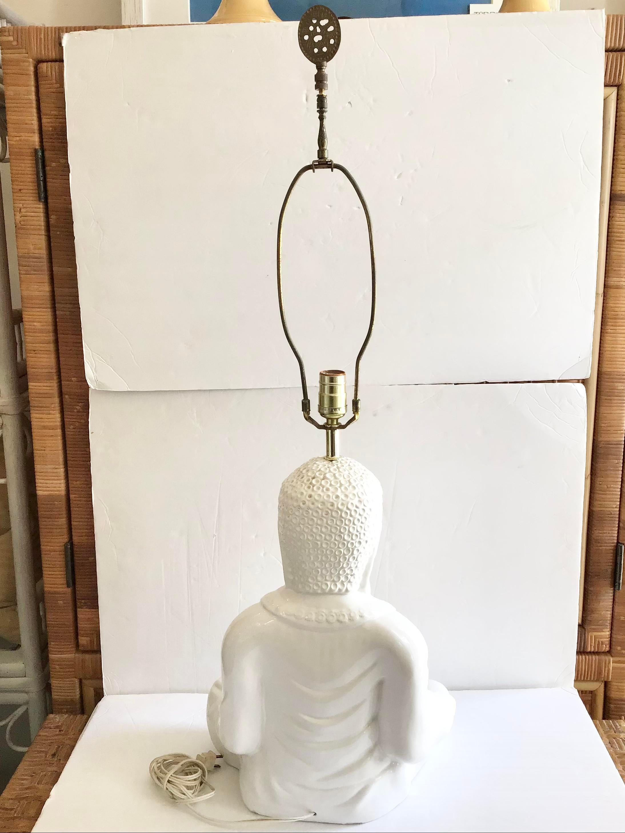 Mid-20th Century White Glazed Meditating Buddha Ceramic Table Lamp For Sale
