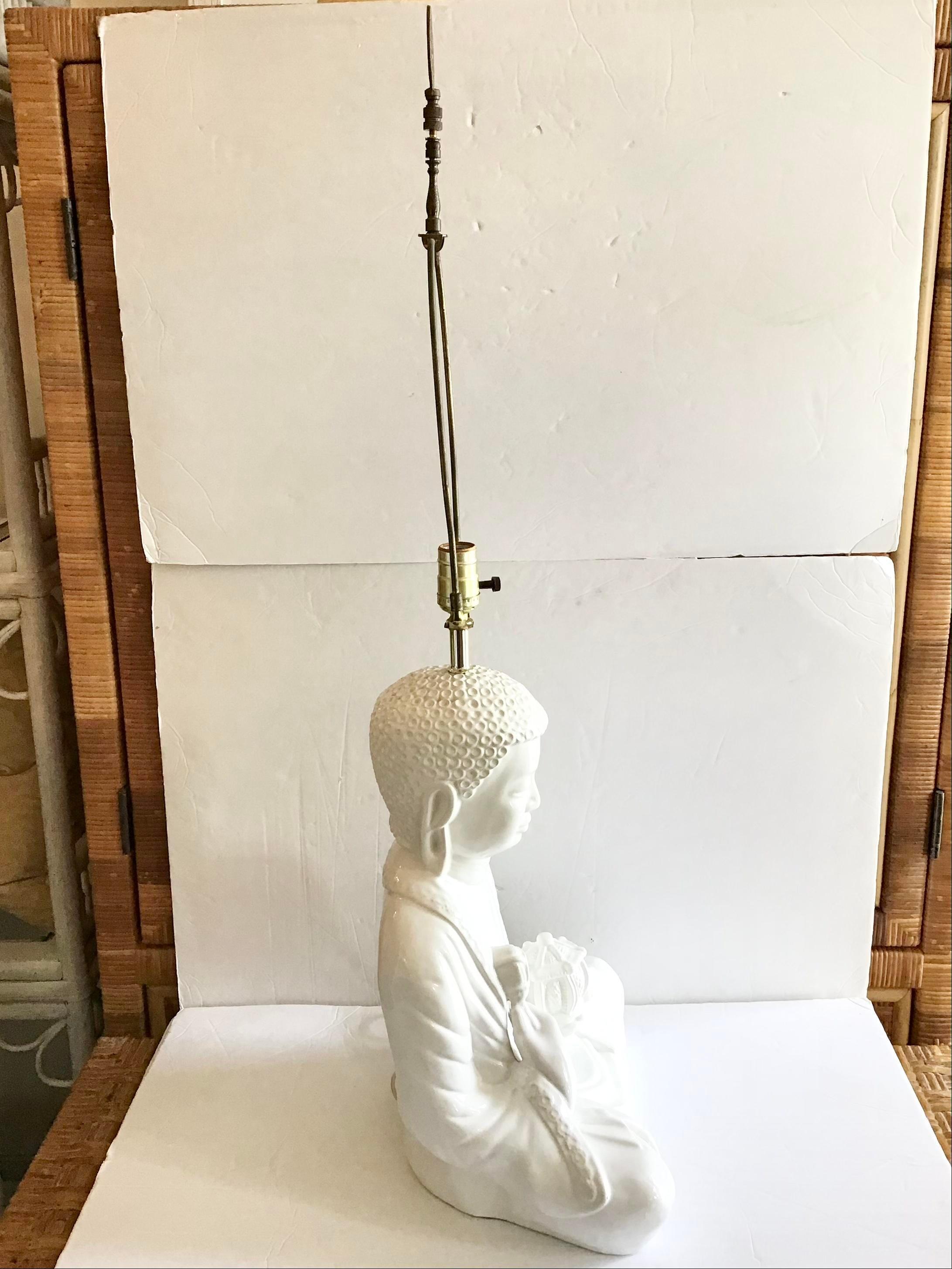 White Glazed Meditating Buddha Ceramic Table Lamp For Sale 1