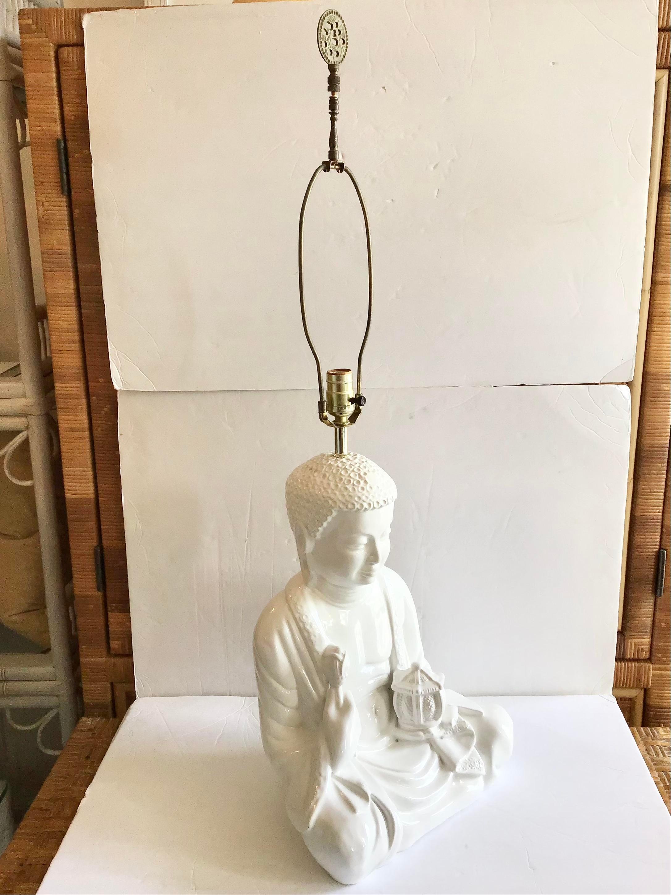 White Glazed Meditating Buddha Ceramic Table Lamp For Sale 2