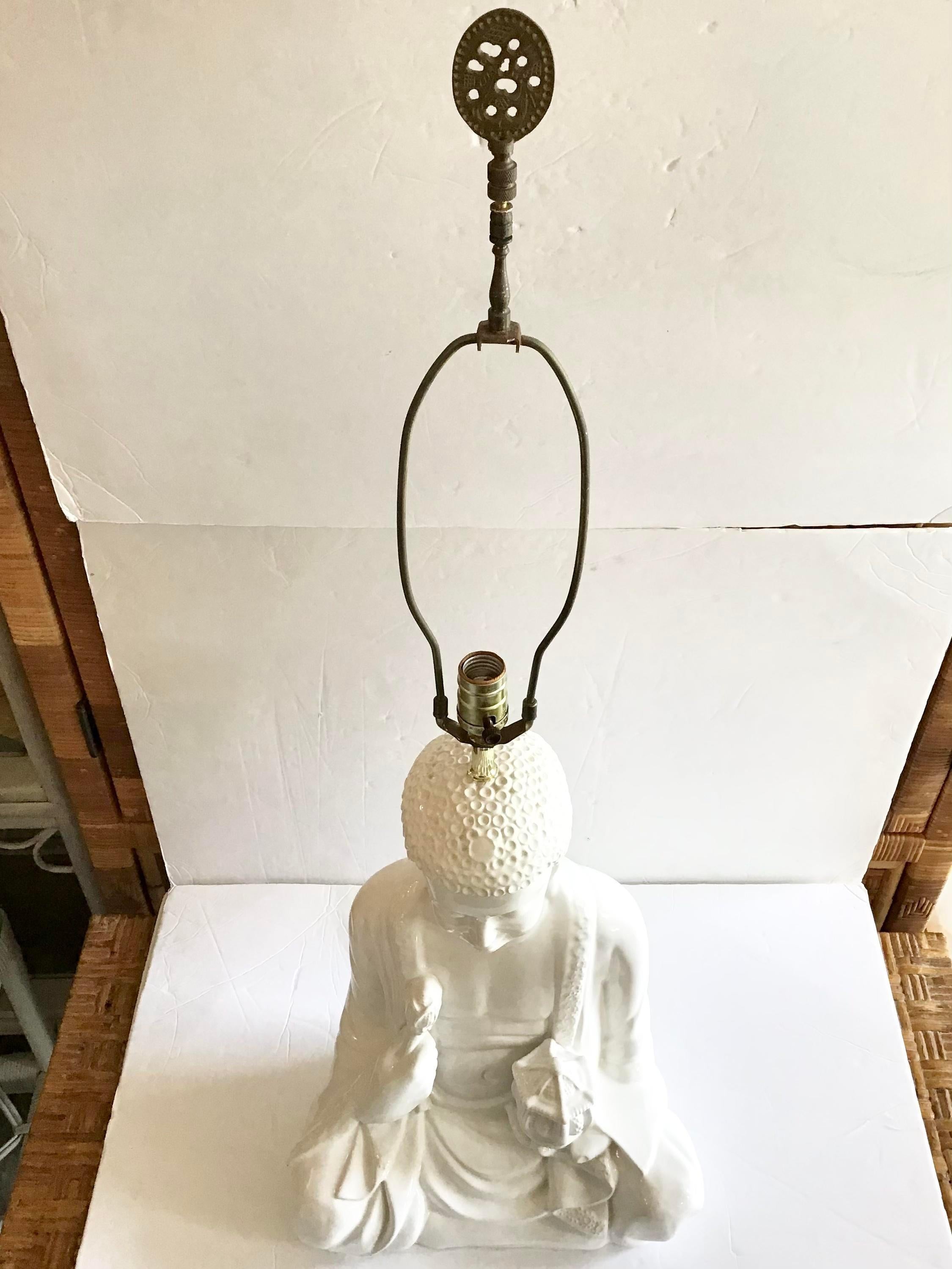White Glazed Meditating Buddha Ceramic Table Lamp For Sale 3