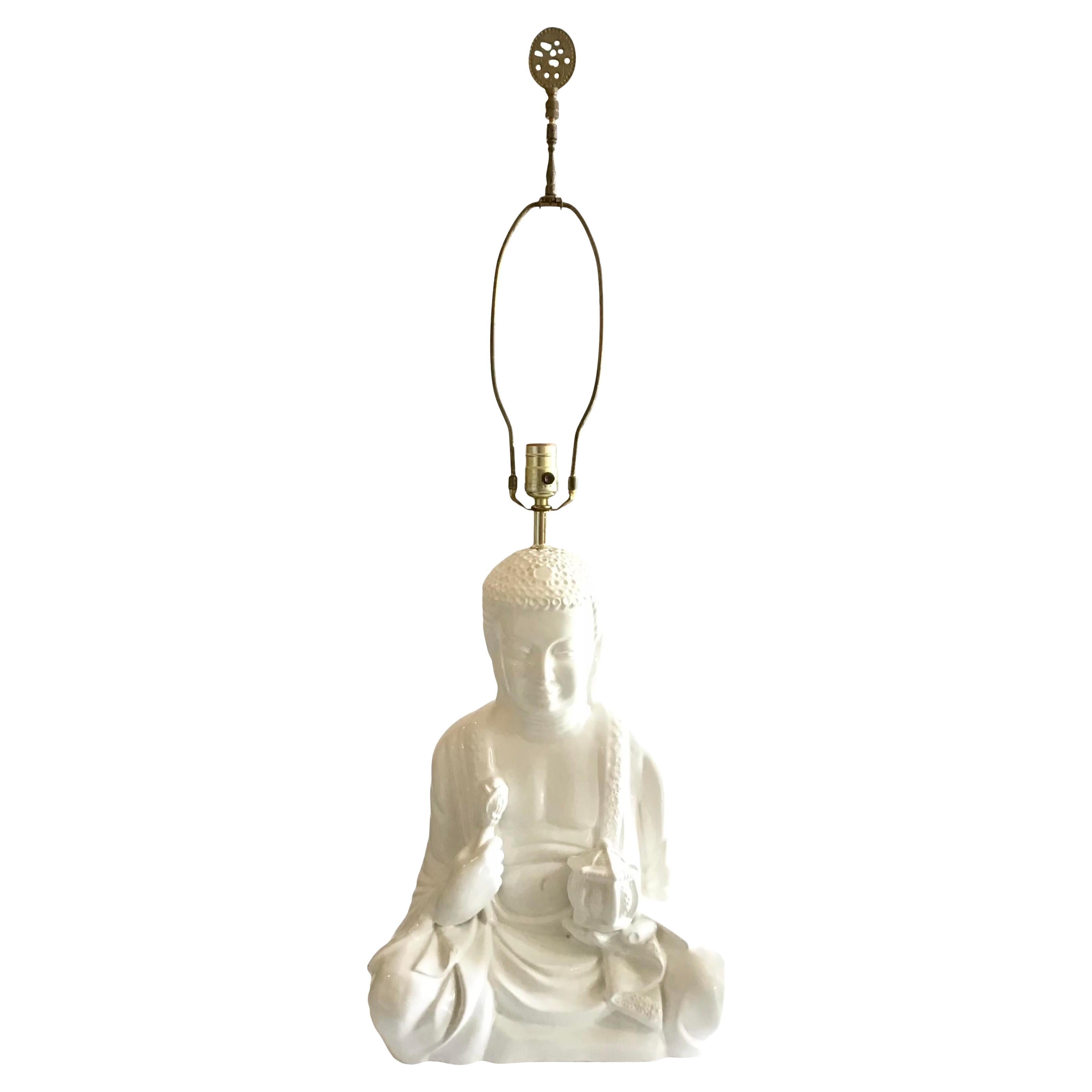 White Glazed Meditating Buddha Ceramic Table Lamp For Sale