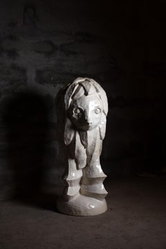 White glazed stoneware sculpture entitled « Lion » by Laurent Dufour, 2026.