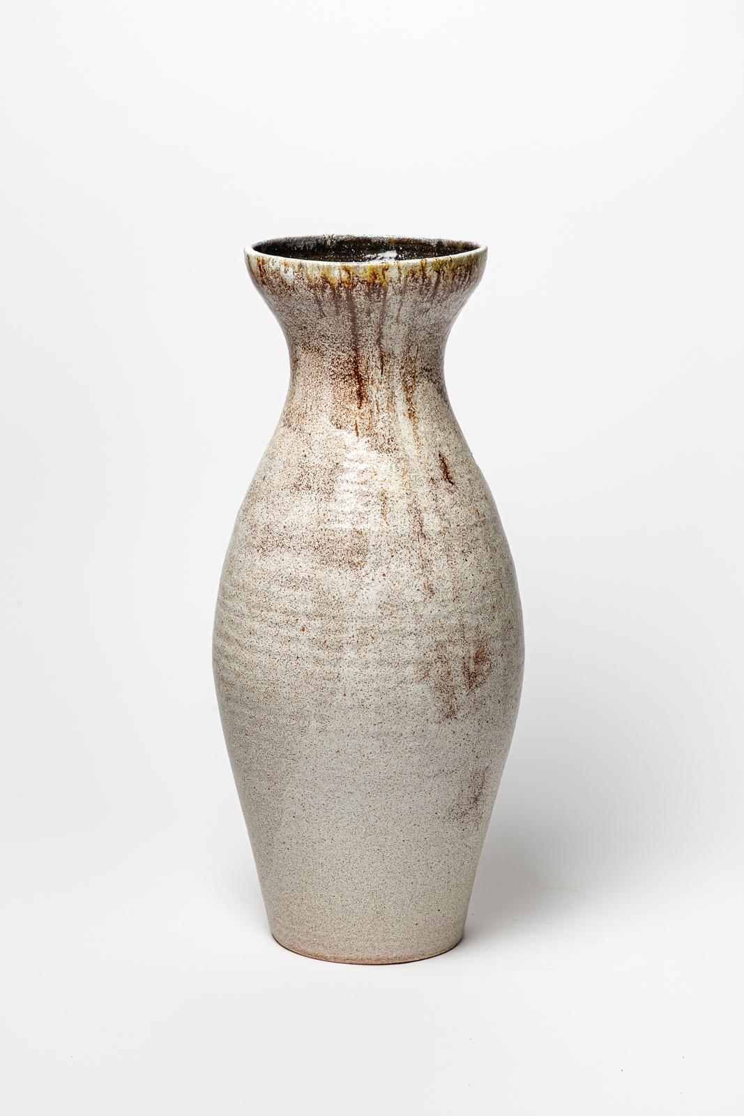 French White glazed stoneware vase by Accolay, circa 1960-1970. For Sale