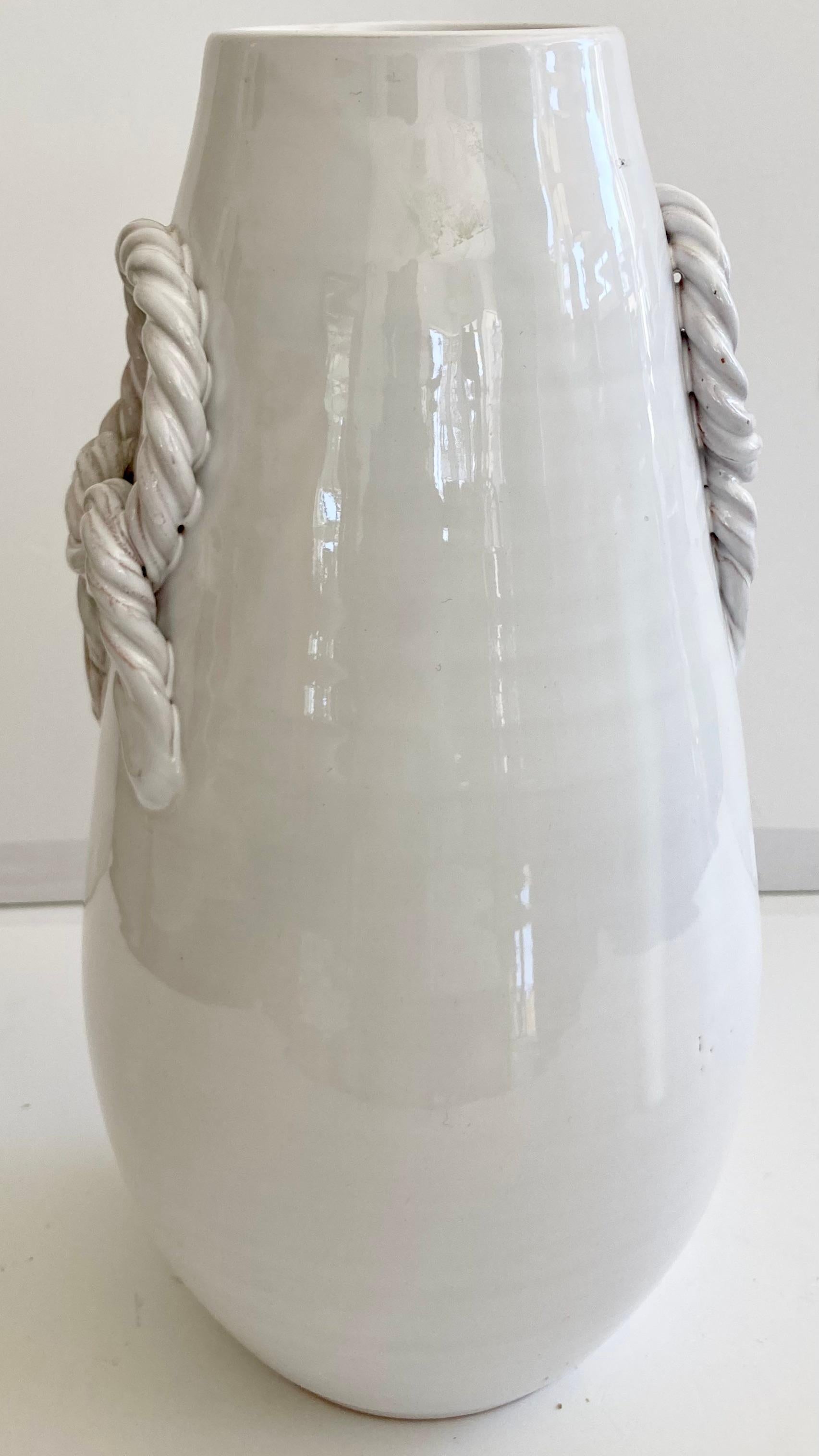 Modern White Glazed Tall Vase With Braided Handles For Sale