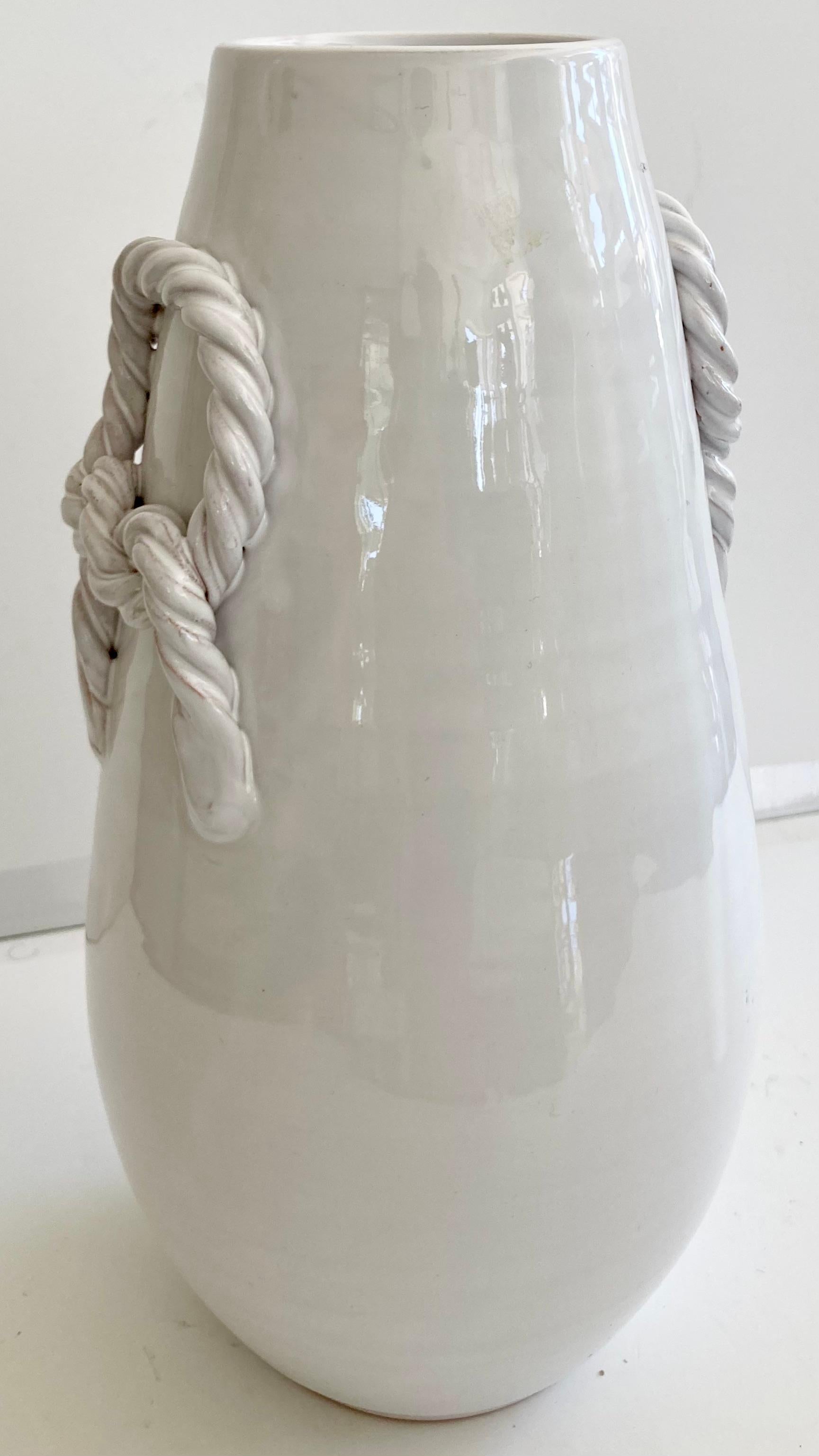Italian White Glazed Tall Vase With Braided Handles For Sale