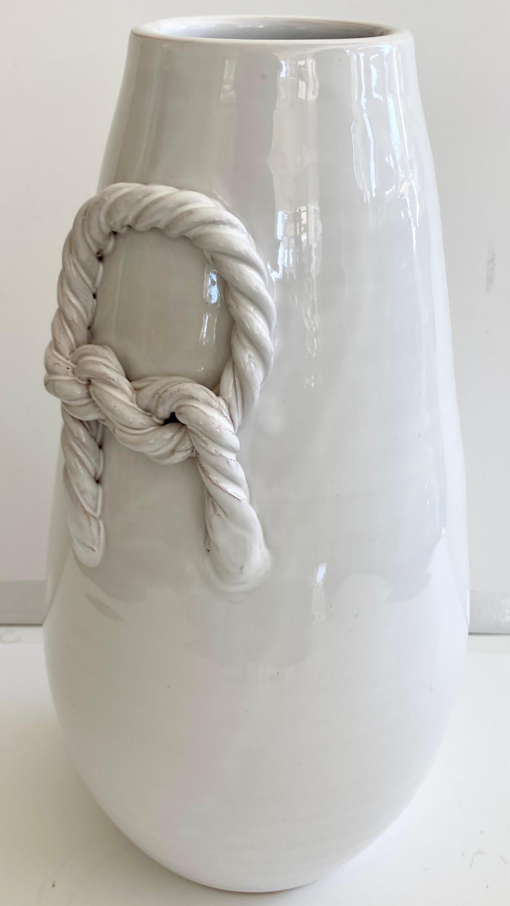 White Glazed Tall Vase With Braided Handles In Good Condition For Sale In Los Angeles, CA