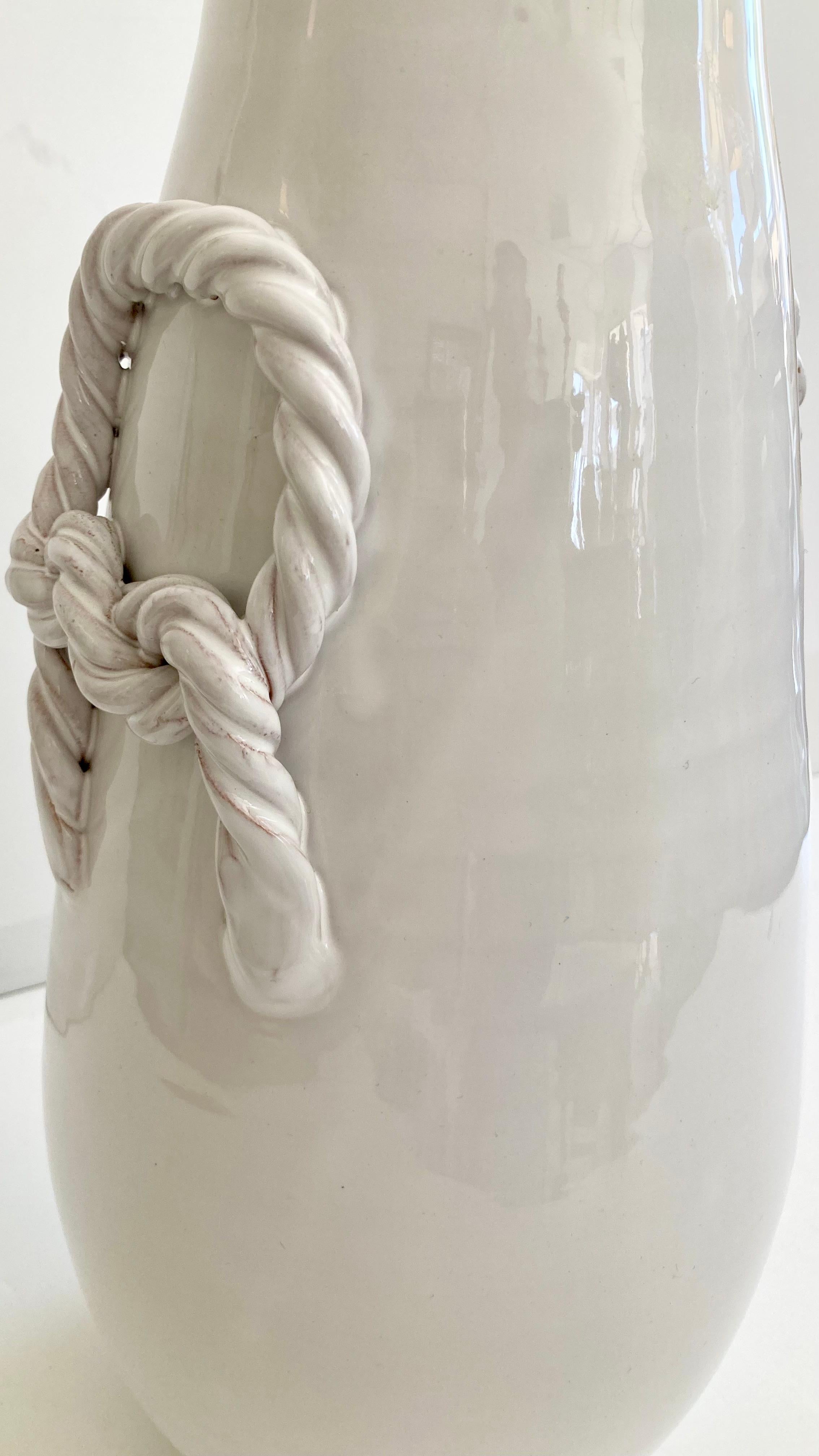 Late 20th Century White Glazed Tall Vase With Braided Handles For Sale