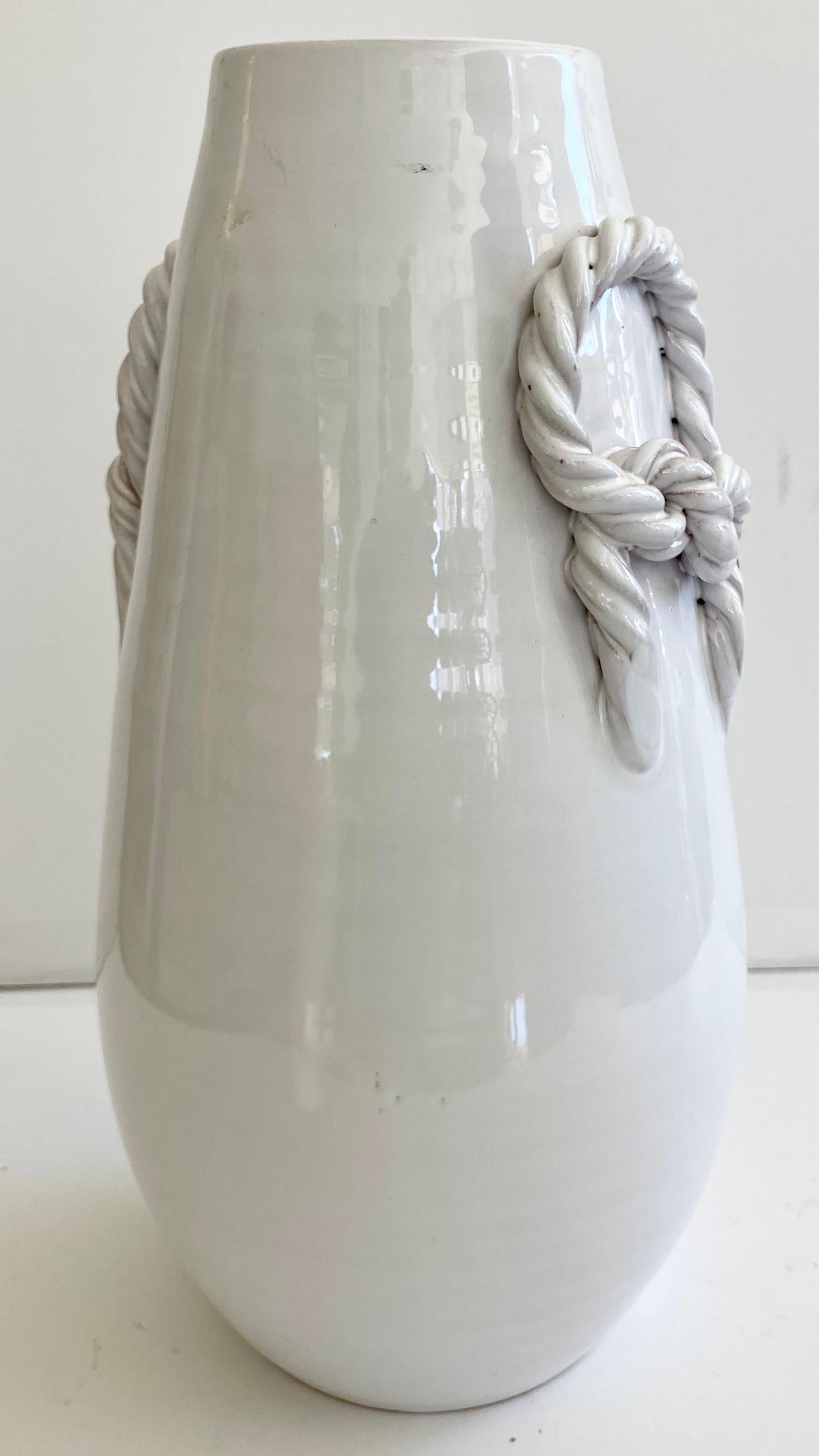 Ceramic White Glazed Tall Vase With Braided Handles For Sale