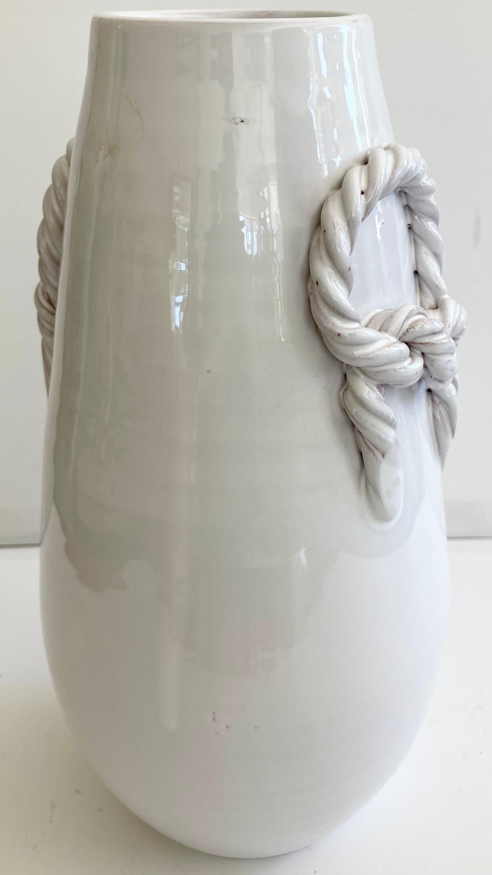 White Glazed Tall Vase With Braided Handles For Sale 1