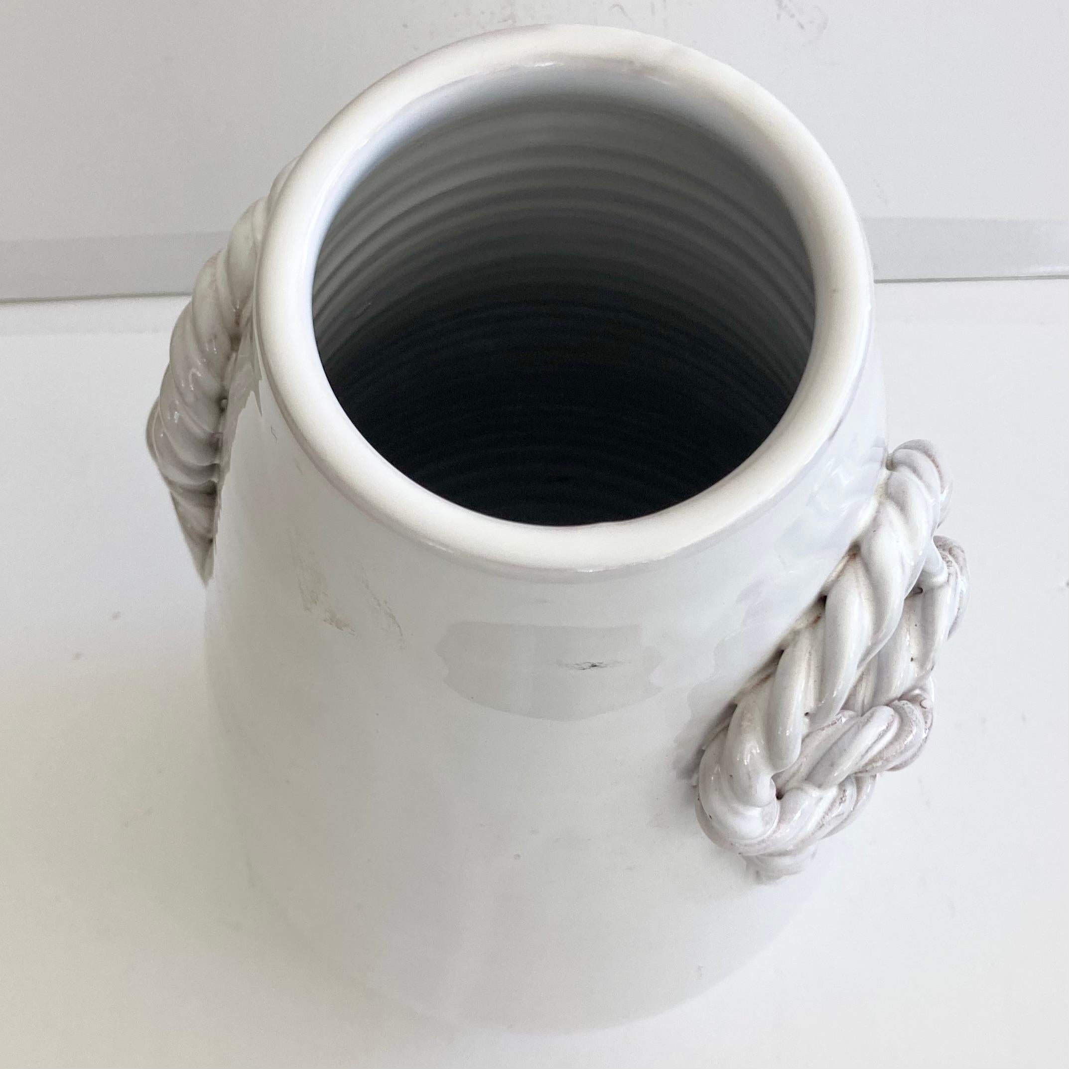 White Glazed Tall Vase With Braided Handles For Sale 2