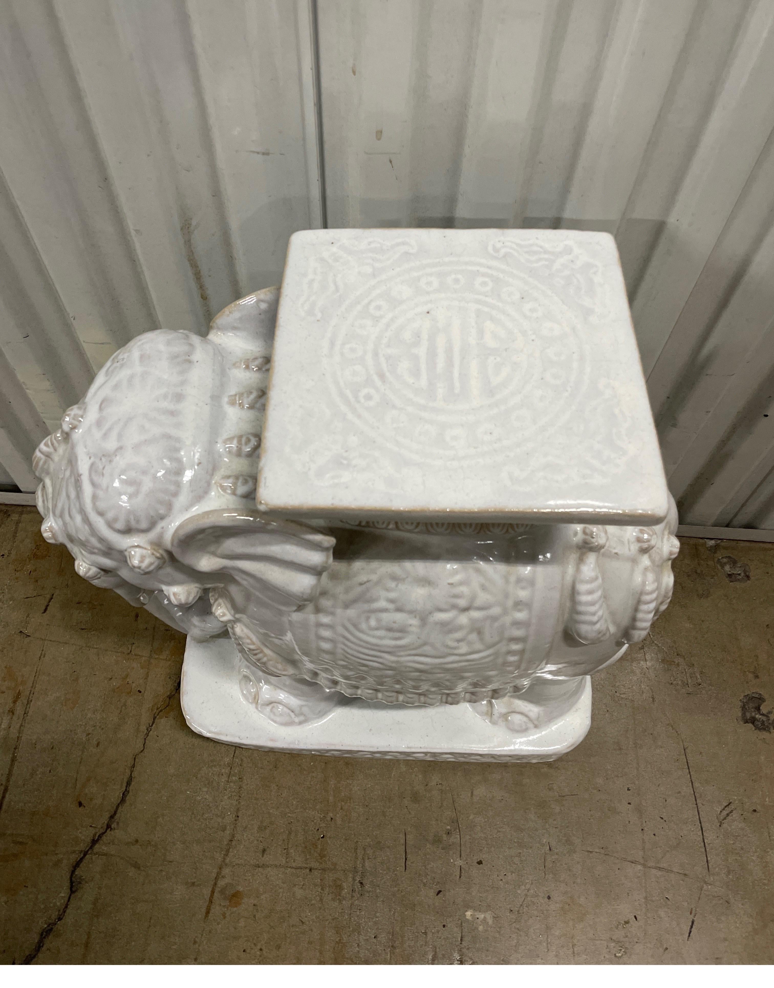 White Glazed Terra Cotta Elephant Garden Seat In Good Condition In West Palm Beach, FL