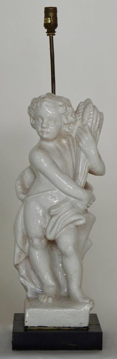 White Glazed Terracotta Cherub Lamps on Wooden Bases, Pair