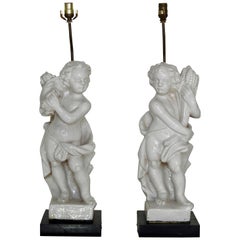 Antique White Glazed Terracotta Cherub Lamps on Wooden Bases, Pair