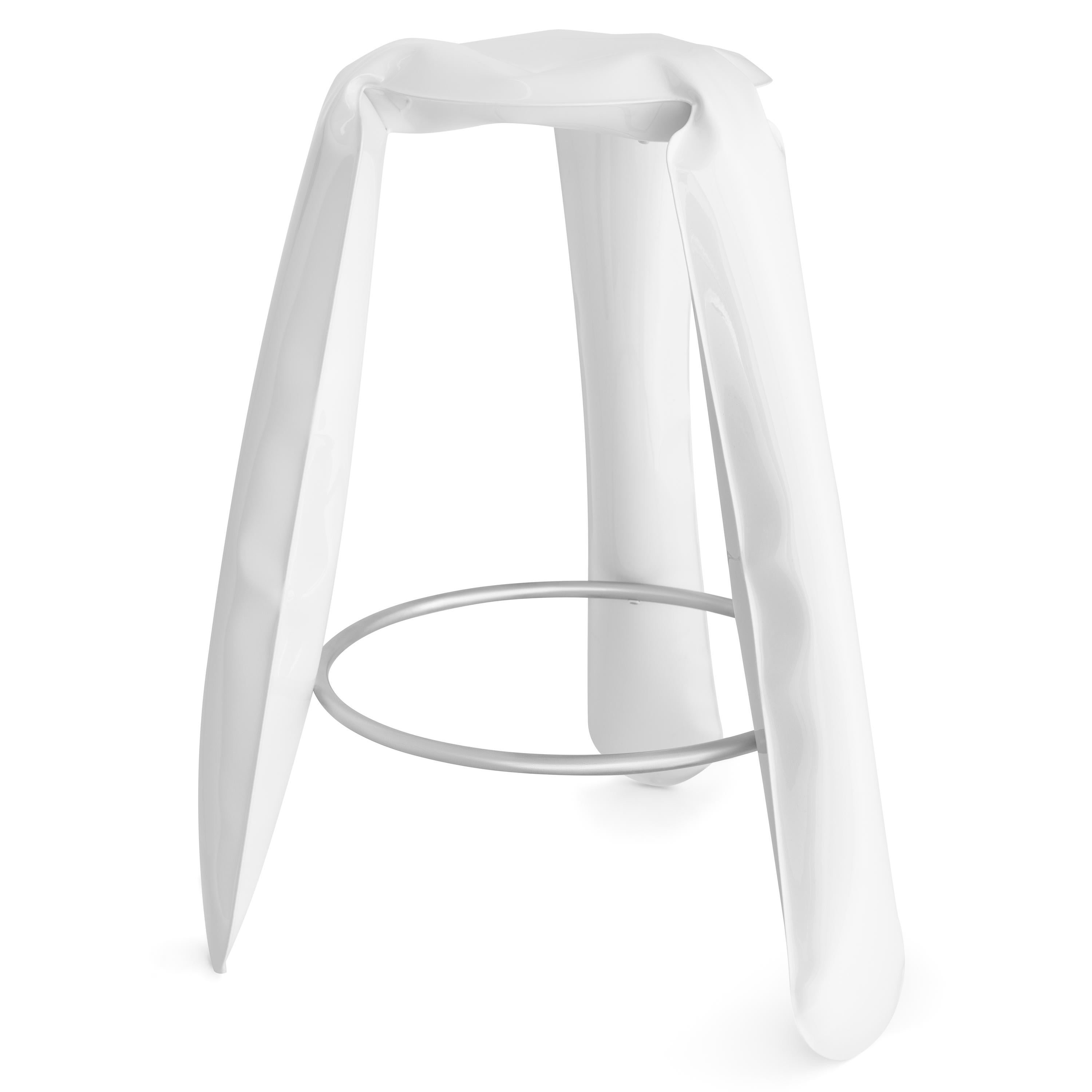 White glossy steel bar plopp stool by Zieta
Dimensions: D 35 x H 75 cm 
Material: Carbon steel. 
Finish: Powder-coated. Glossy finish. 
Available in colors: Beige, black, white, blue, graphite, moss, umbra gray, flaming gold, and cosmic blue.