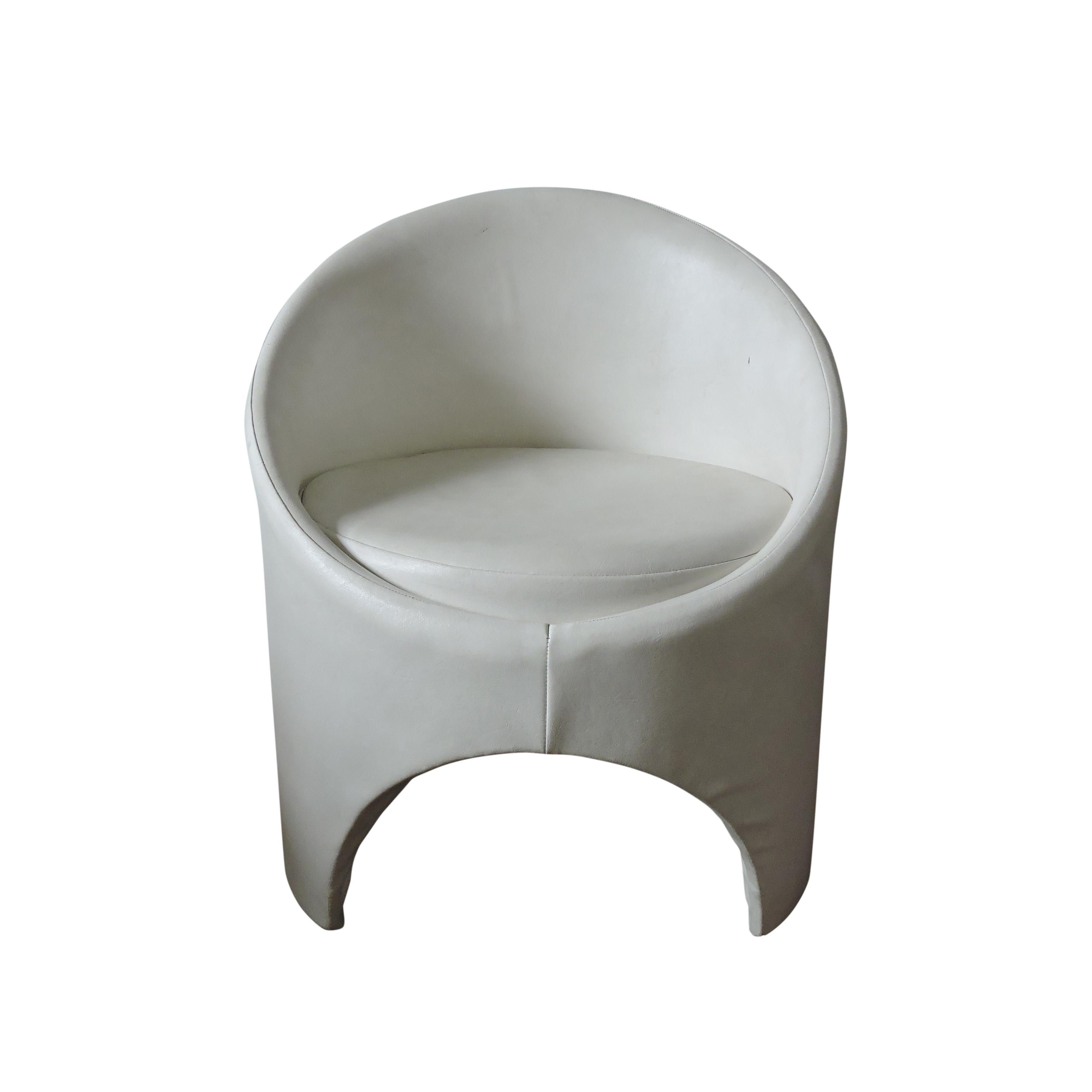 A 1960s Gogo tub chair finished in a white vinyl. Designed by Roger Bennet for Evans High Wycombe.