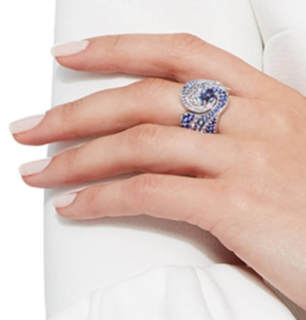White Gold, White Diamond and Blue Sapphire Cocktail Ring 1