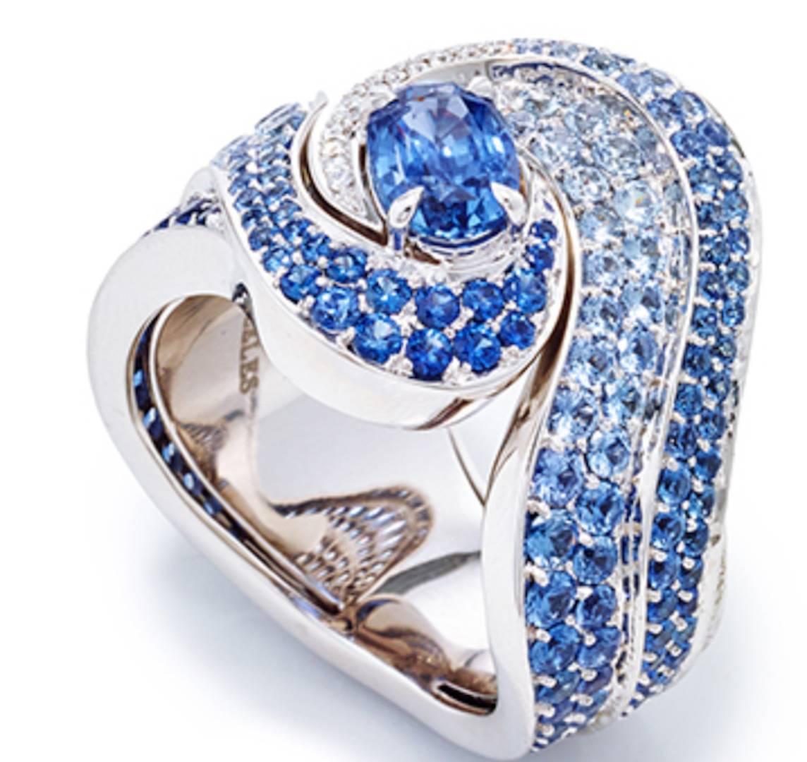 White Gold, White Diamond and Blue Sapphire Cocktail Ring 3