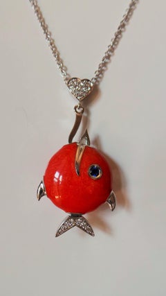 White Gold 0.1K Blue Sapphire 0.3K Diamands Red Enamelled Fish Pendant Necklaces