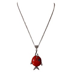 White Gold 0.1K Blue Sapphire 0.3K Diamands Red Enamelled Fish Pendant Necklaces