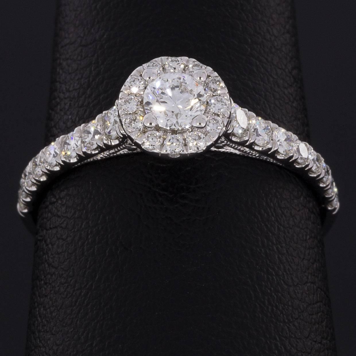 Women's Gabriel & Co. White Gold 0.87 Carat Round Diamond Halo Engagement Ring