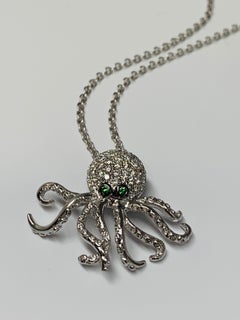 White Gold 0.30 Carat Diamond and Emerald Octopus Necklace