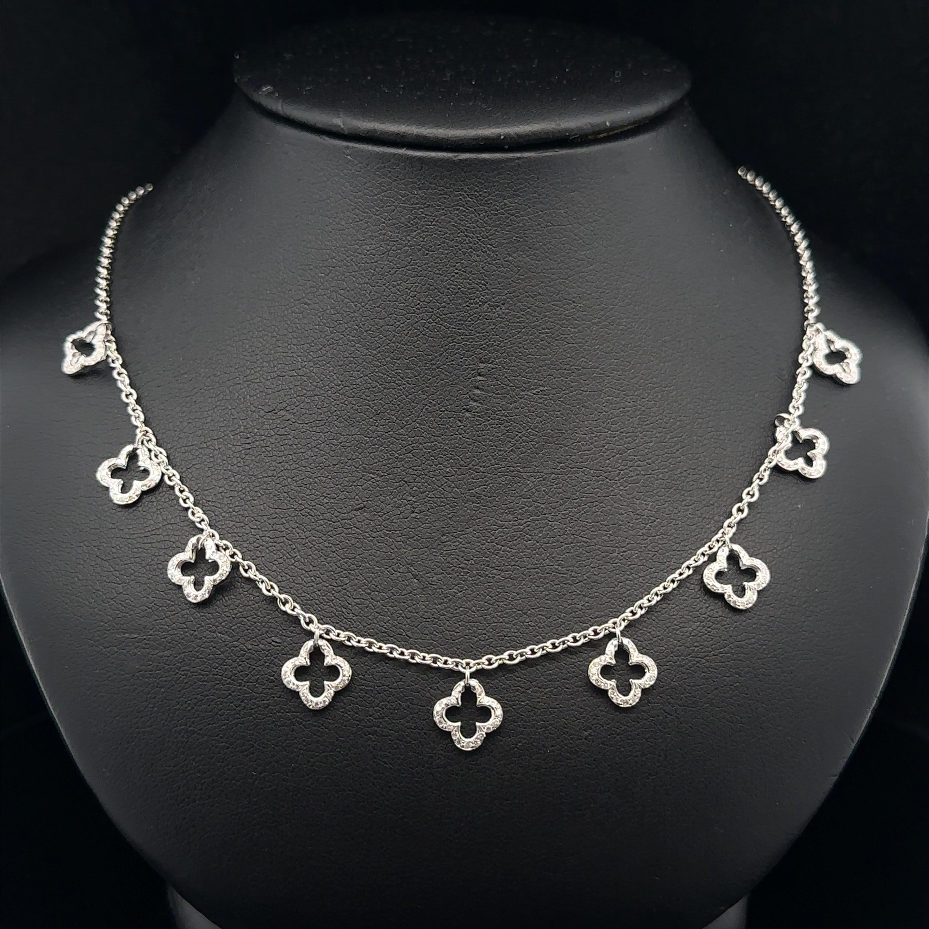 Brilliant Cut White Gold 0.40ctw Diamond Quatrefoil Flower Drop Dangle Station Necklace For Sale
