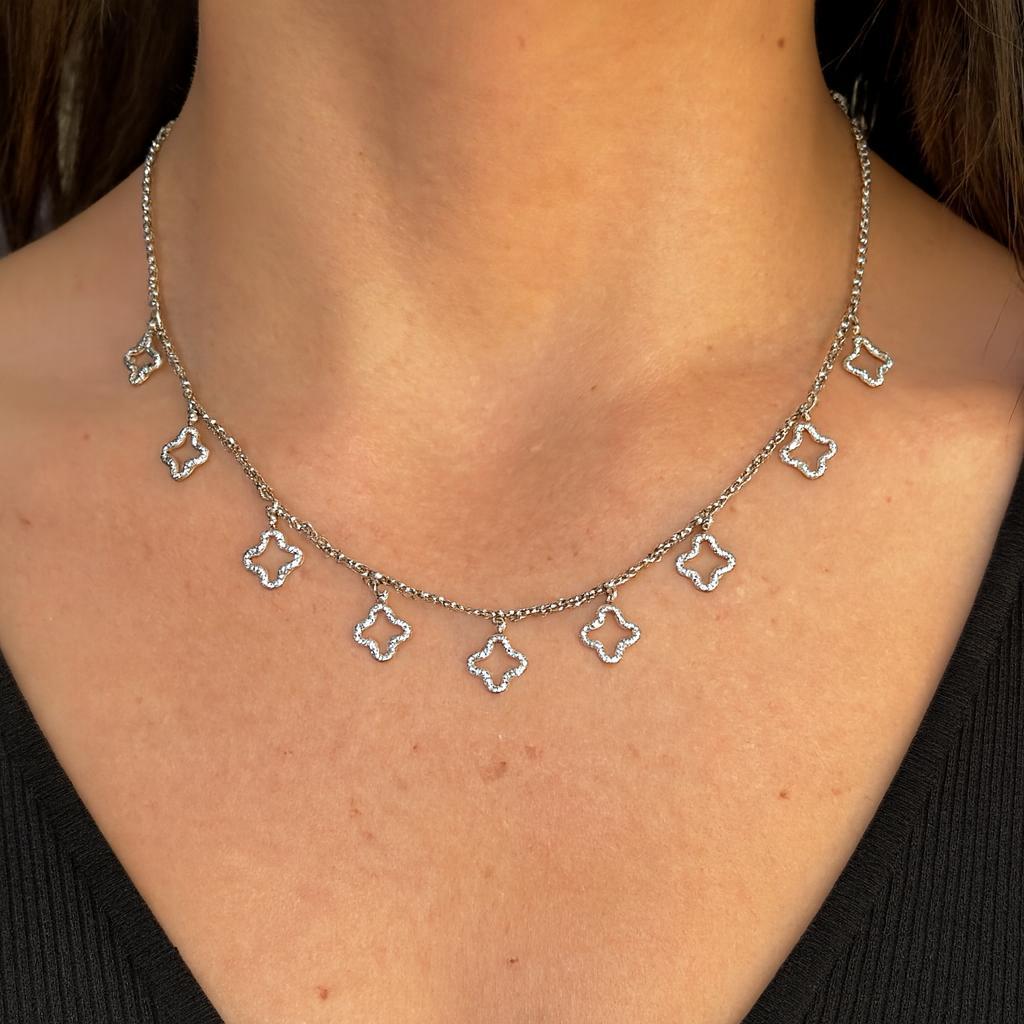 White Gold 0.40ctw Diamond Quatrefoil Flower Drop Dangle Station Necklace For Sale 1