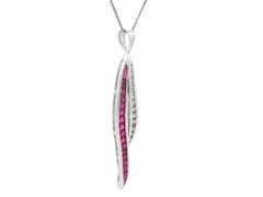 White Gold 0.83ctw Diamond & Ruby Wavy Feather Pendant 20" Necklace