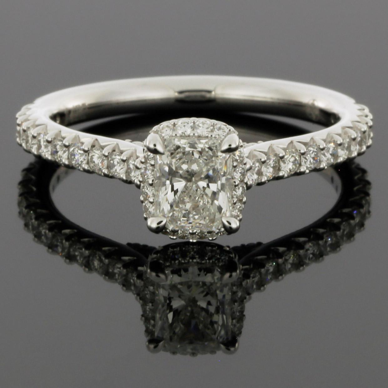 Radiant Cut White Gold 0.96 Carat Radiant Diamond Halo Engagement Ring For Sale