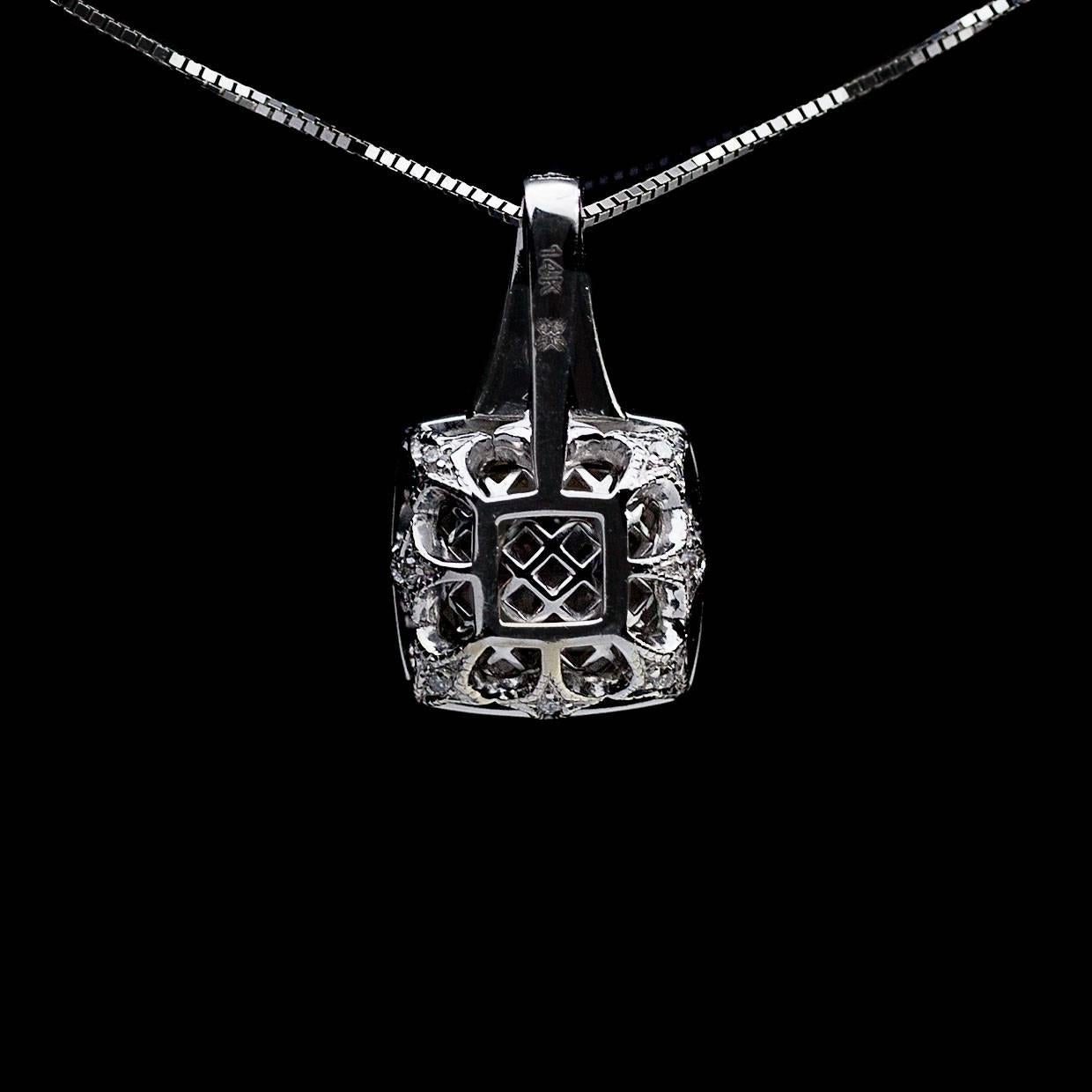 White Gold 1.00 Carat Round Diamond Pave Cushion Shaped Pendant Necklace In Excellent Condition In Columbia, MO