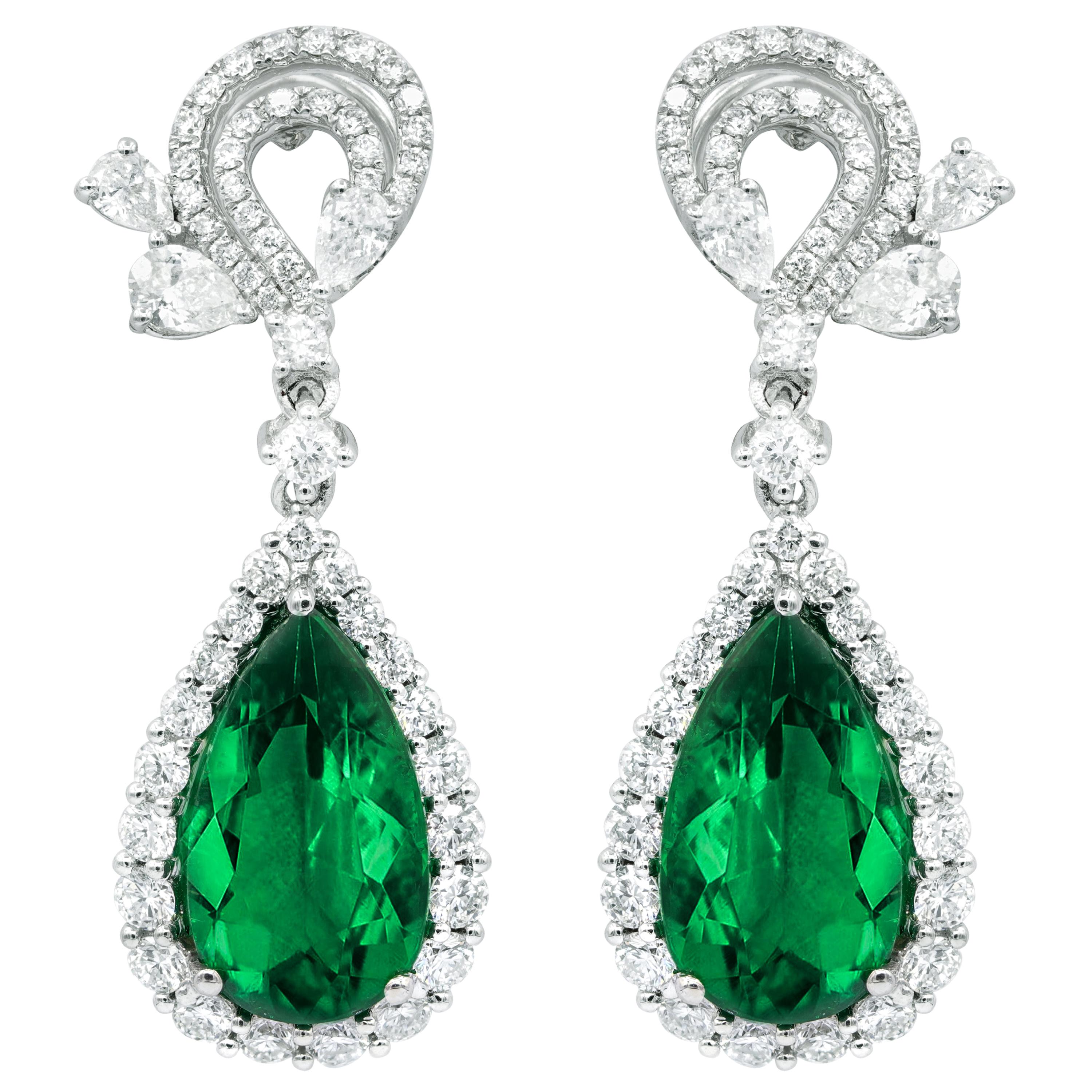White Gold 11 Carat Diamond and Emerald Earrings For Sale