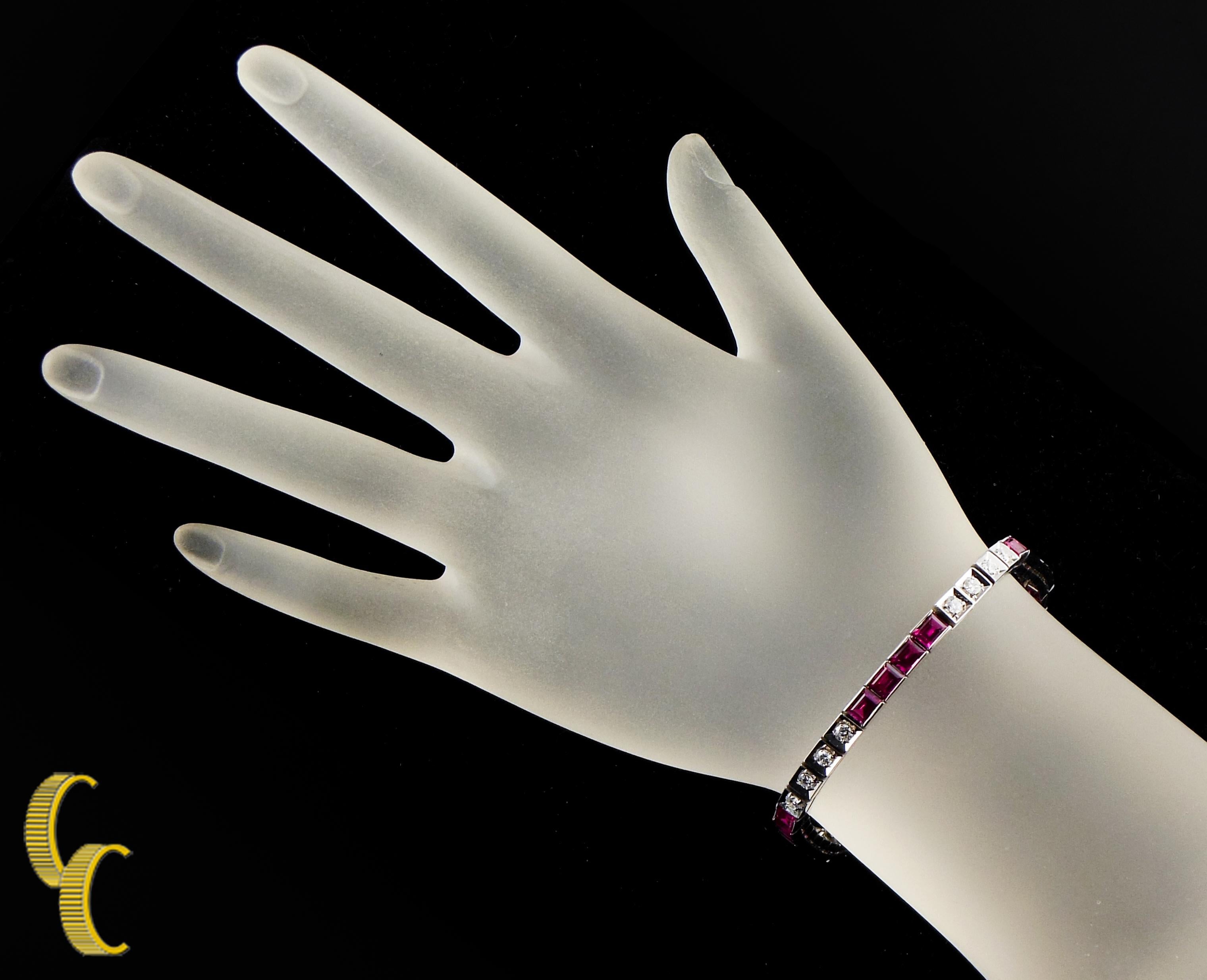 Weißgold 11,00 Karat Lab Rubin und Diamant Tennis Armreif Armband (Smaragdschliff) im Angebot
