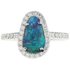 White Gold 1.11 Carat Oval Cut Black Opal and Diamond Ring