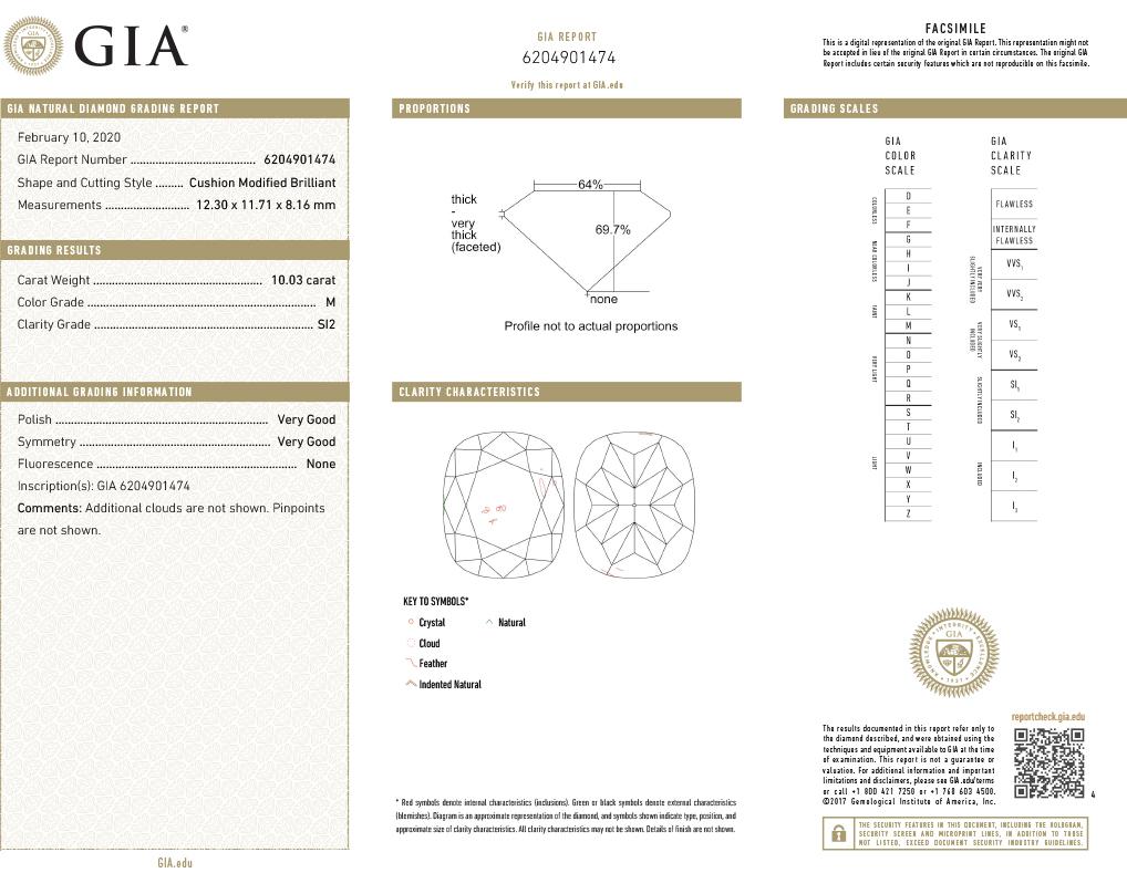 Item Details
Main Stone Shape Cushion
Main Stone Weight 10.03 ct
Main Stone Treatment Not Enhanced
Main Stone Clarity Si2
Natural/Lab-Created Natural
Main Stone Diamond
Main Stone Color M
Secondary Stone Diamond
Secondary Stone Weight 1.10