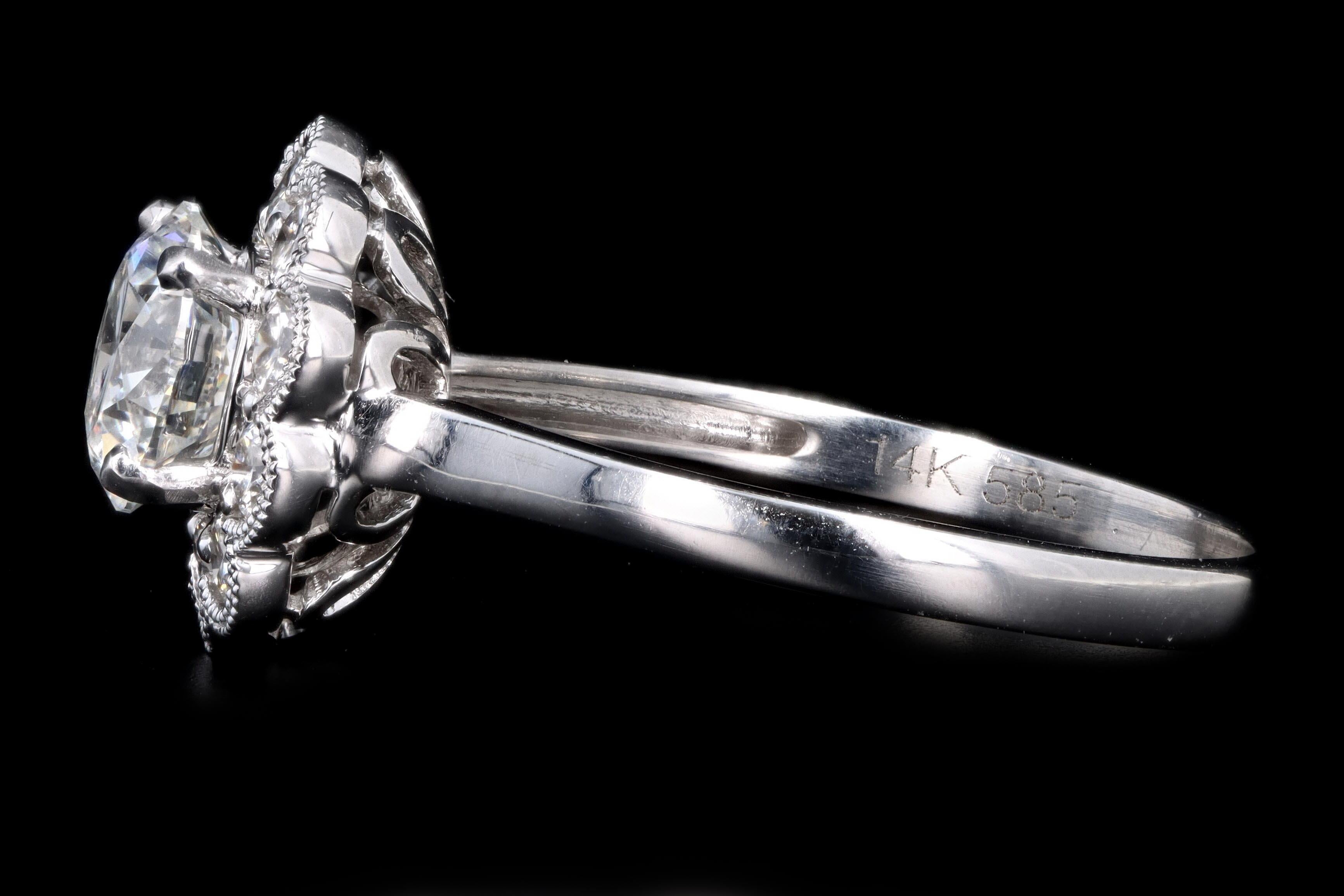Round Cut White Gold 1.13 Carat Round Brilliant Diamond Halo Engagement Ring