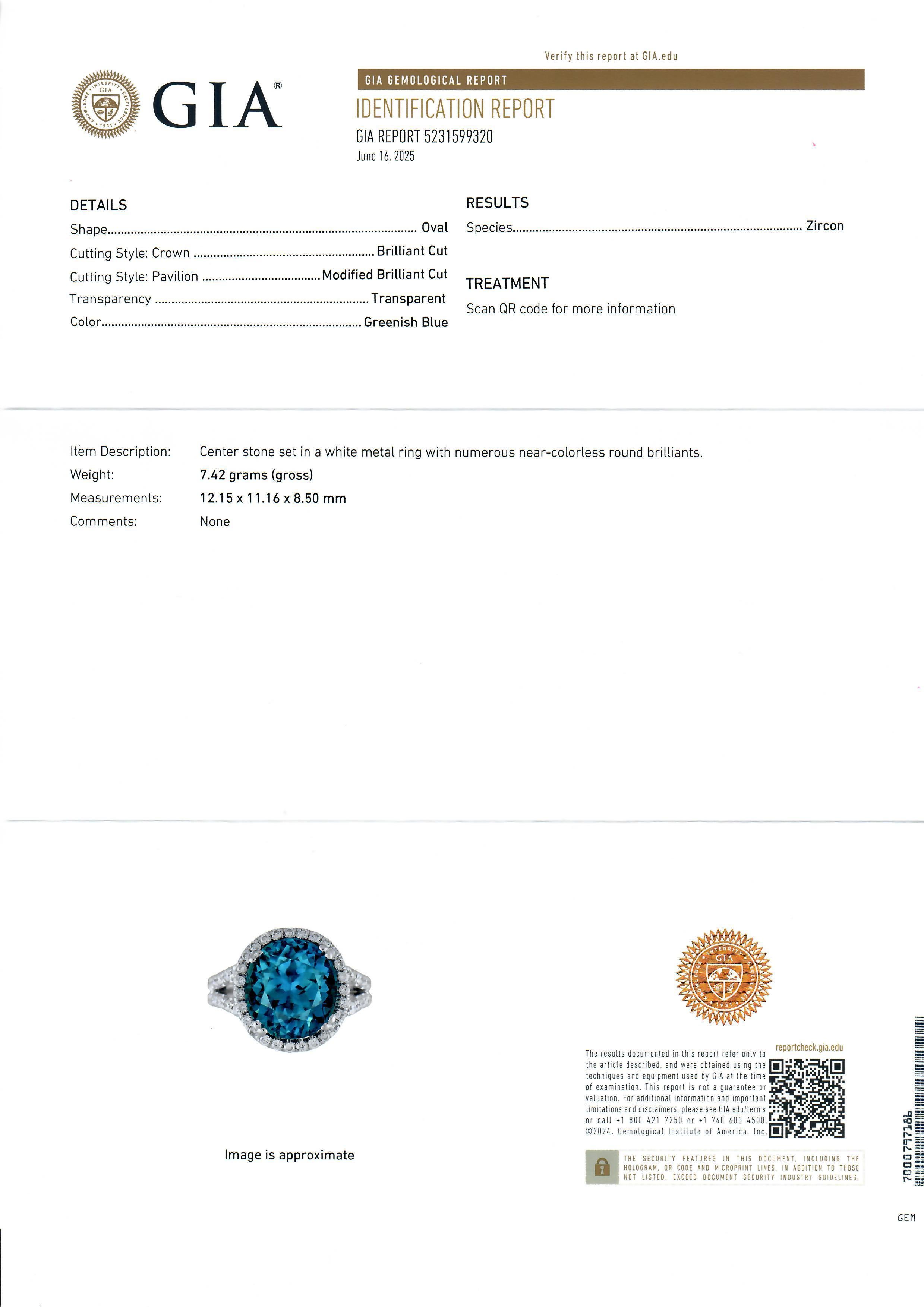 White Gold 11.72ctw GIA Very Fiery Blue Zircon Diamond Statement Solitaire Ring In Good Condition For Sale In Montclair, NJ