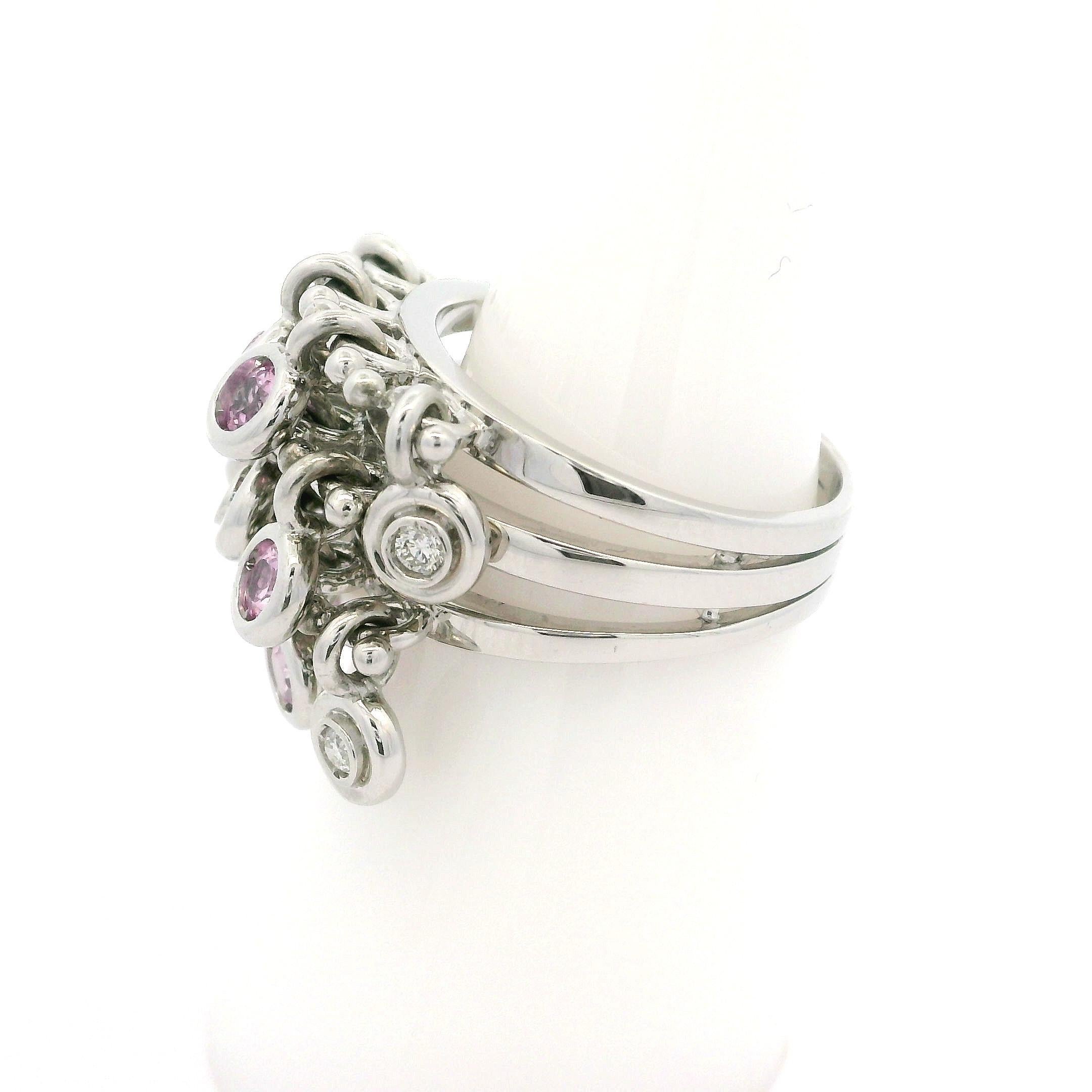 White Gold 1.18ctw Pink Sapphire & Diamond Dangle 11.4mm Wide Confetti Band Ring For Sale 5
