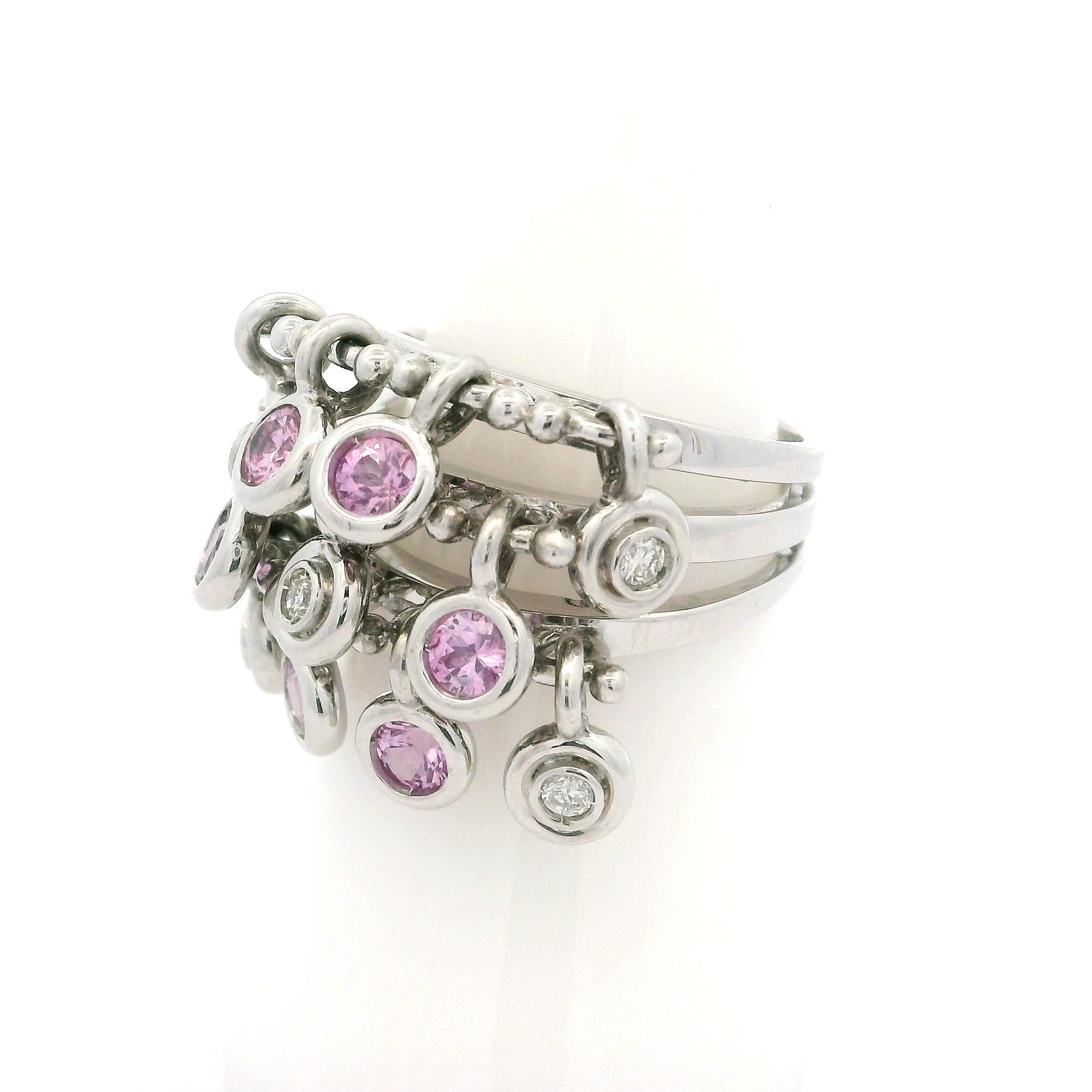 White Gold 1.18ctw Pink Sapphire & Diamond Dangle 11.4mm Wide Confetti Band Ring For Sale 6