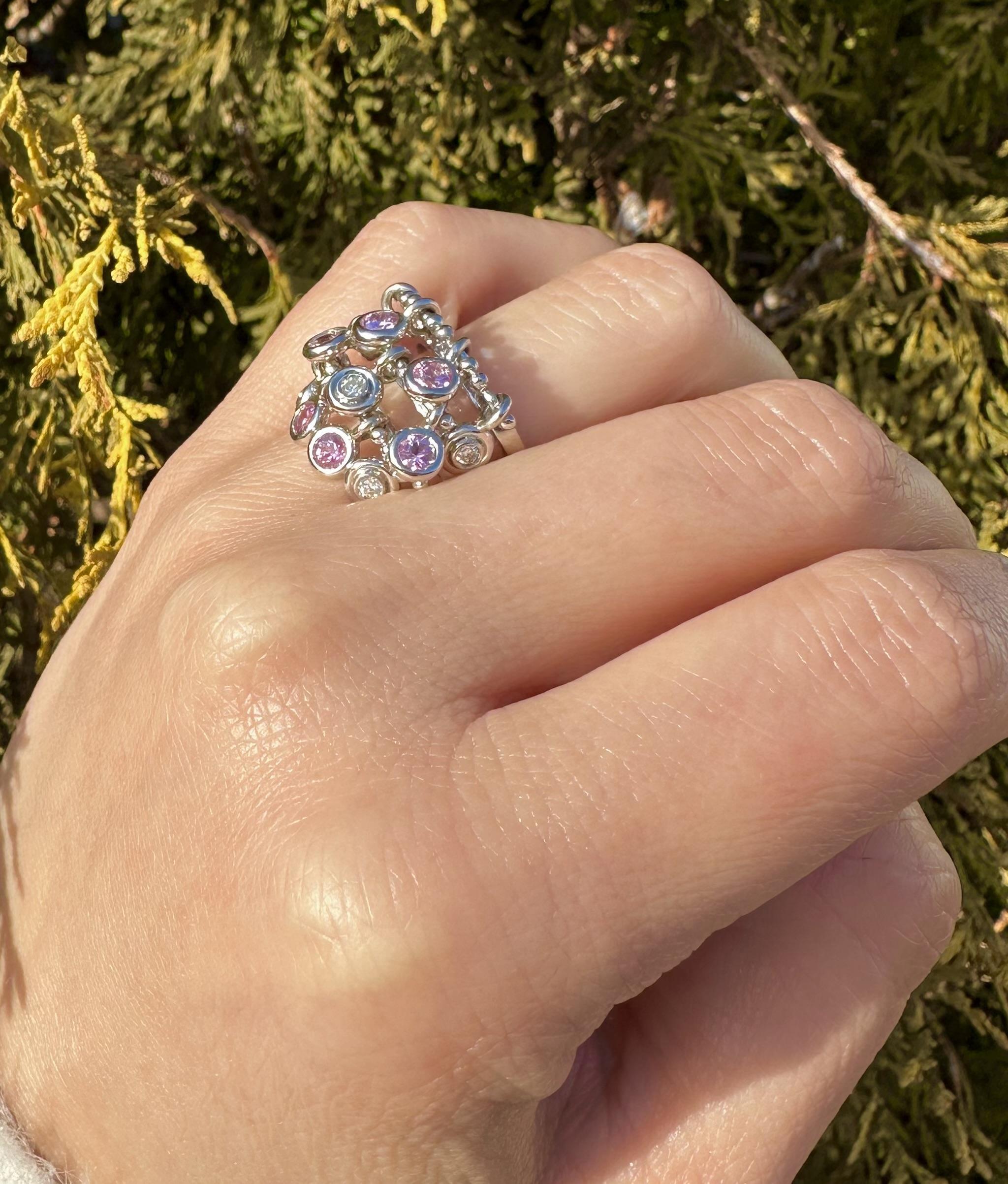 White Gold 1.18ctw Pink Sapphire & Diamond Dangle 11.4mm Wide Confetti Band Ring For Sale 8